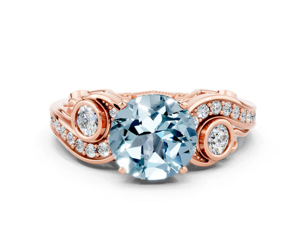 Rose gold Round Cut Aquamarine Solitaire Ring with Milgrain Pavé Band and Four-Prong Setting
