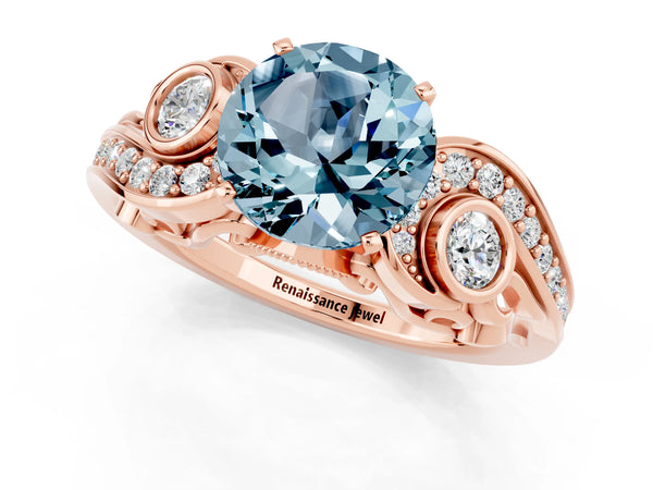 Rose gold Round Cut Aquamarine Solitaire Ring with Milgrain Pavé Band and Four-Prong Setting