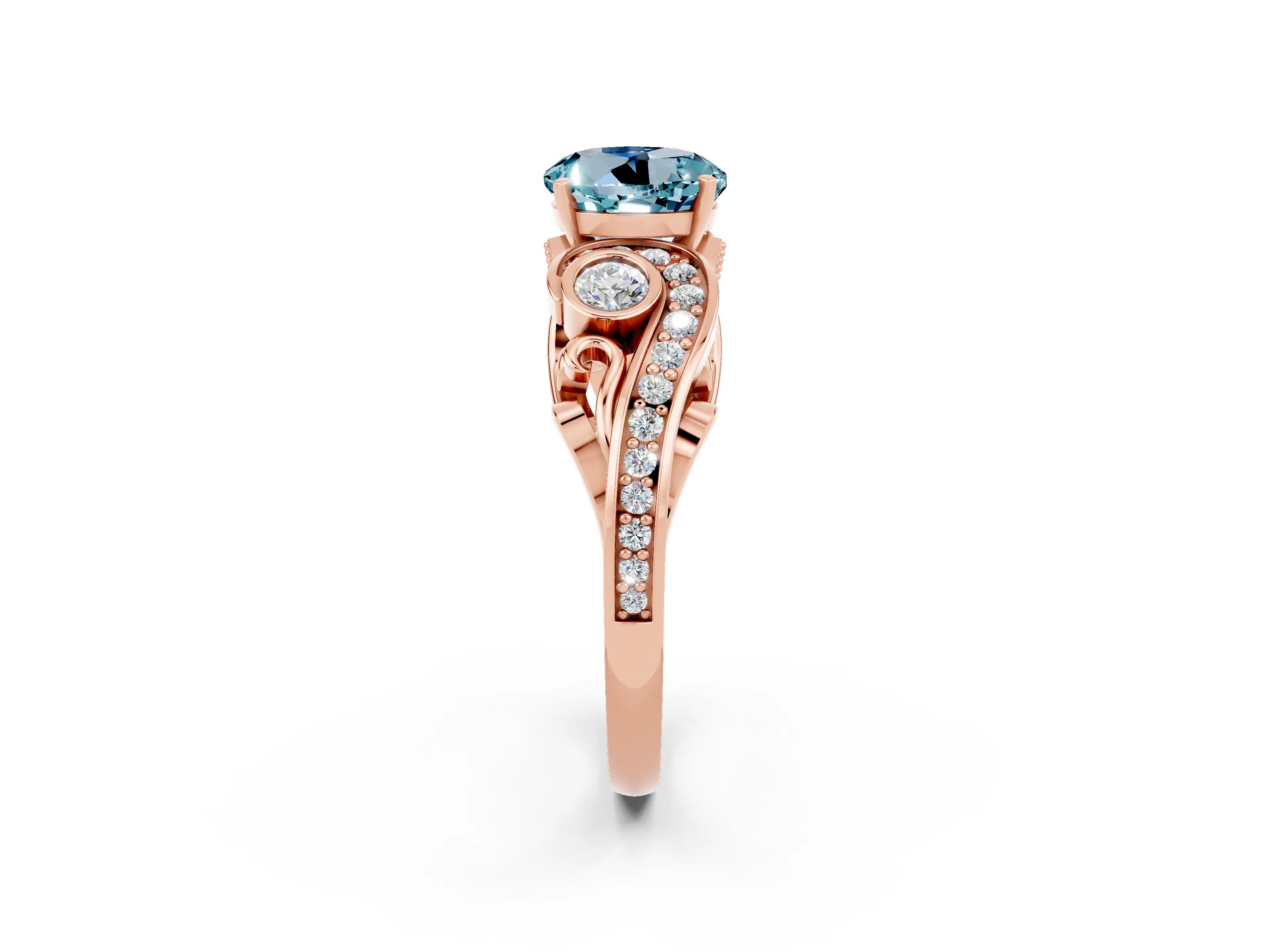 Rose gold Round Cut Aquamarine Solitaire Ring with Milgrain Pavé Band and Four-Prong Setting_26