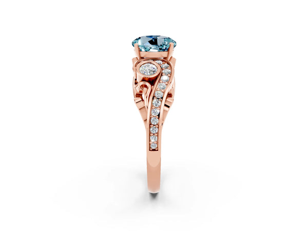 Rose gold Round Cut Aquamarine Solitaire Ring with Milgrain Pavé Band and Four-Prong Setting