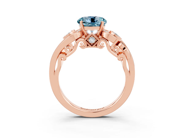 Rose gold Round Cut Aquamarine Solitaire Ring with Milgrain Pavé Band and Four-Prong Setting