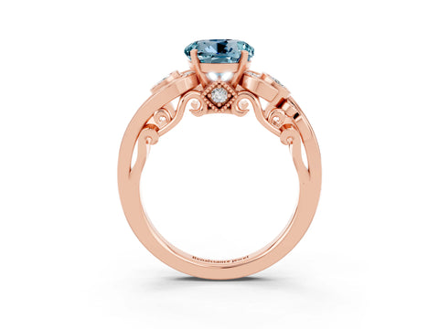 Rose gold Round Cut Aquamarine Solitaire Ring with Milgrain Pavé Band and Four-Prong Setting_27