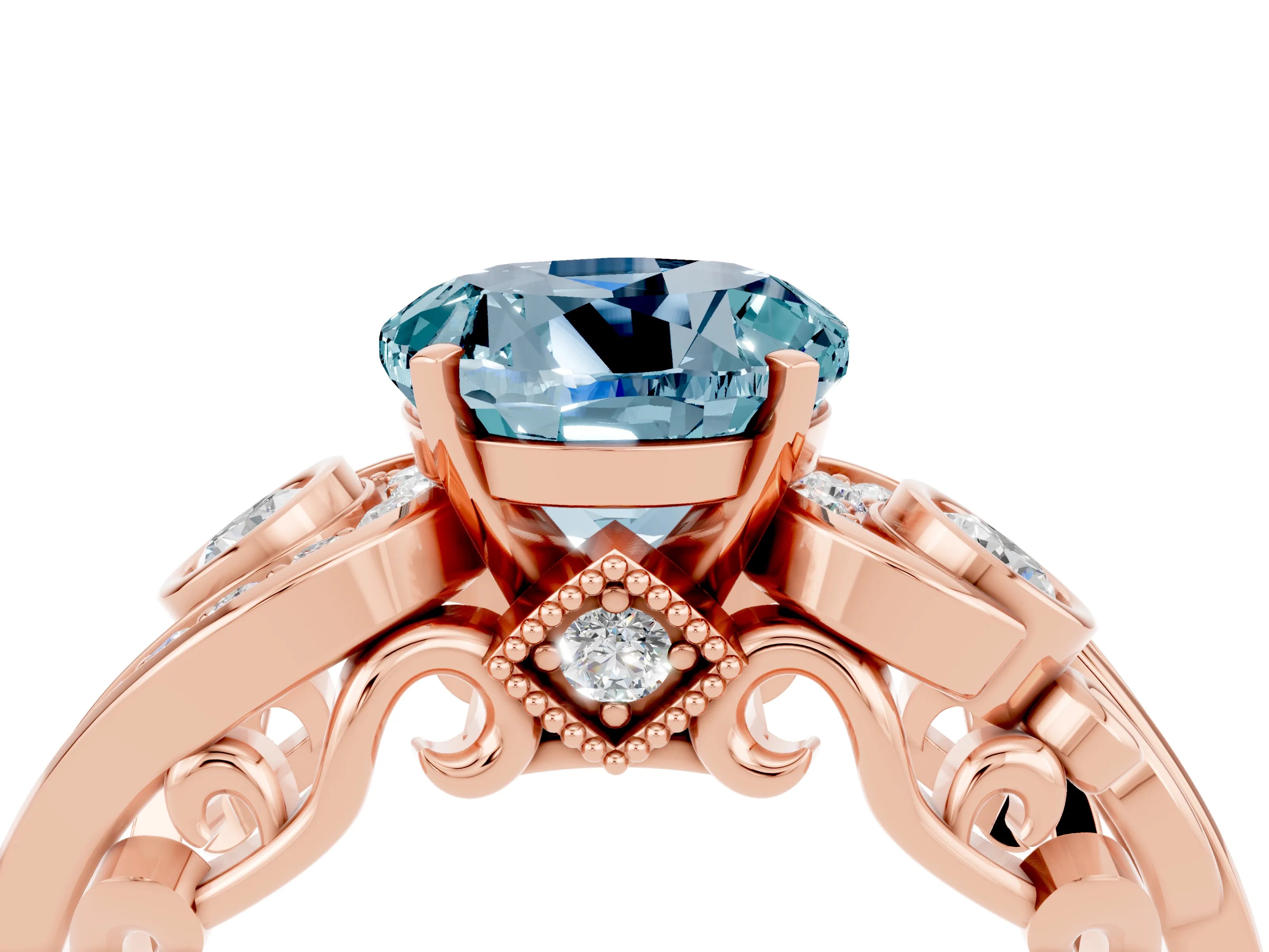 Rose gold Round Cut Aquamarine Solitaire Ring with Milgrain Pavé Band and Four-Prong Setting_28