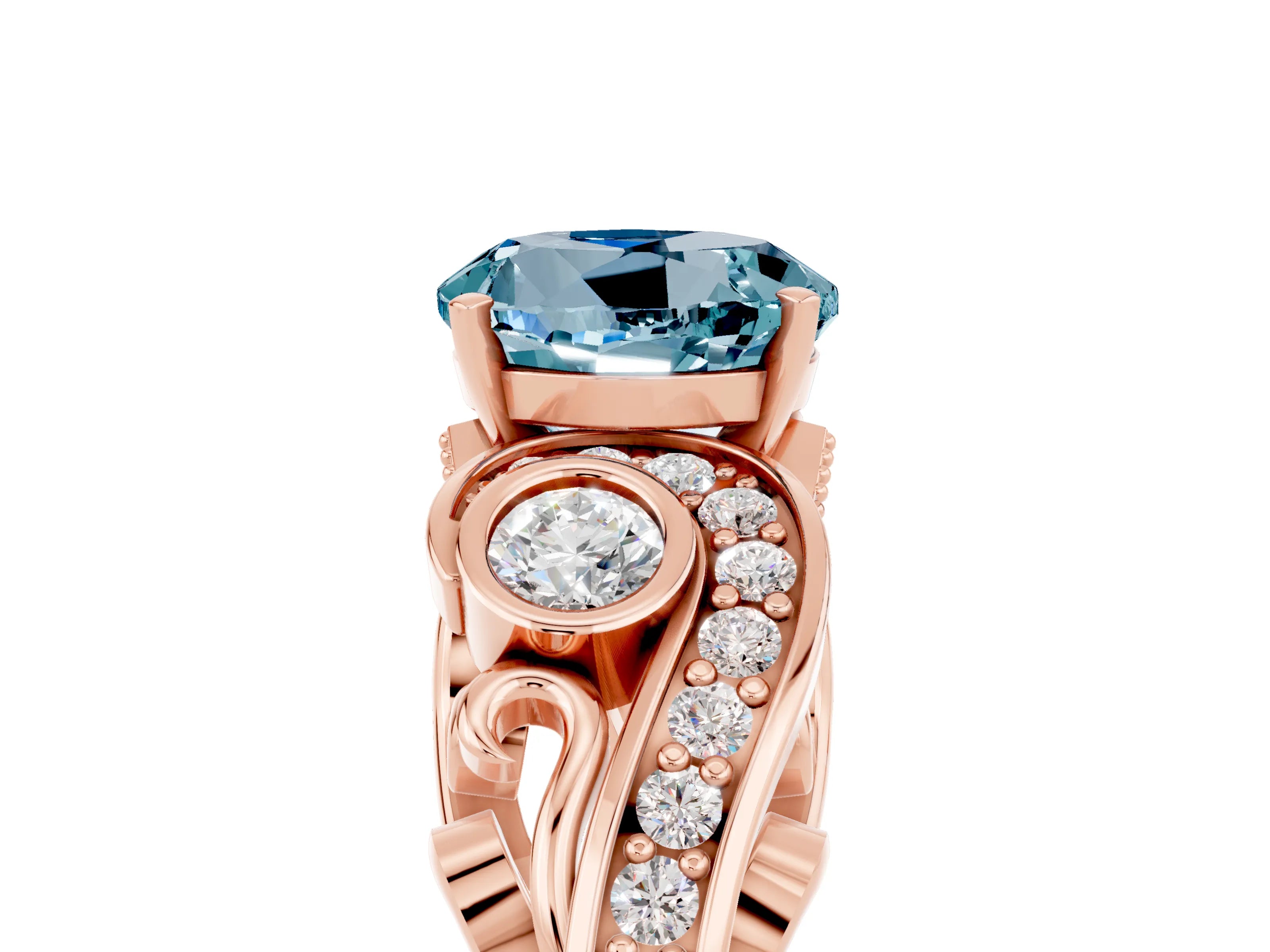 Rose gold Round Cut Aquamarine Solitaire Ring with Milgrain Pavé Band and Four-Prong Setting_29