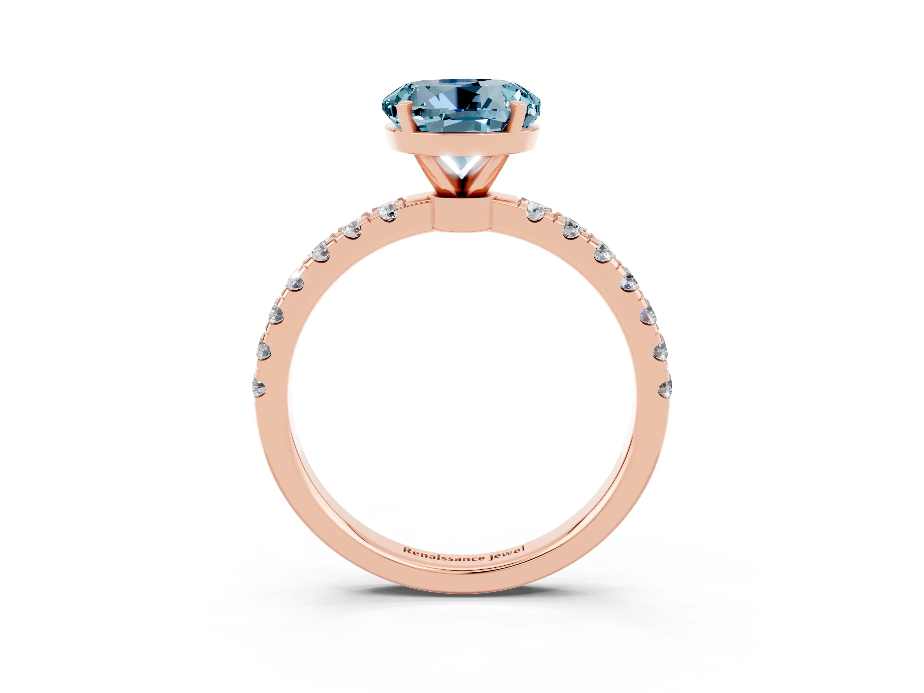 Rose gold Round Cut Aquamarine Solitaire Ring with Pavé Accents and Four-Prong Setting_3
