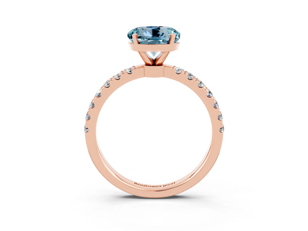 Rose gold Round Cut Aquamarine Solitaire Ring with Pavé Accents and Four-Prong Setting