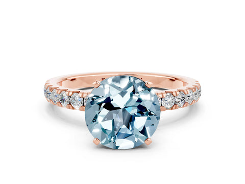 Rose gold Round Cut Aquamarine Solitaire Ring with Pavé Accents and Four-Prong Setting