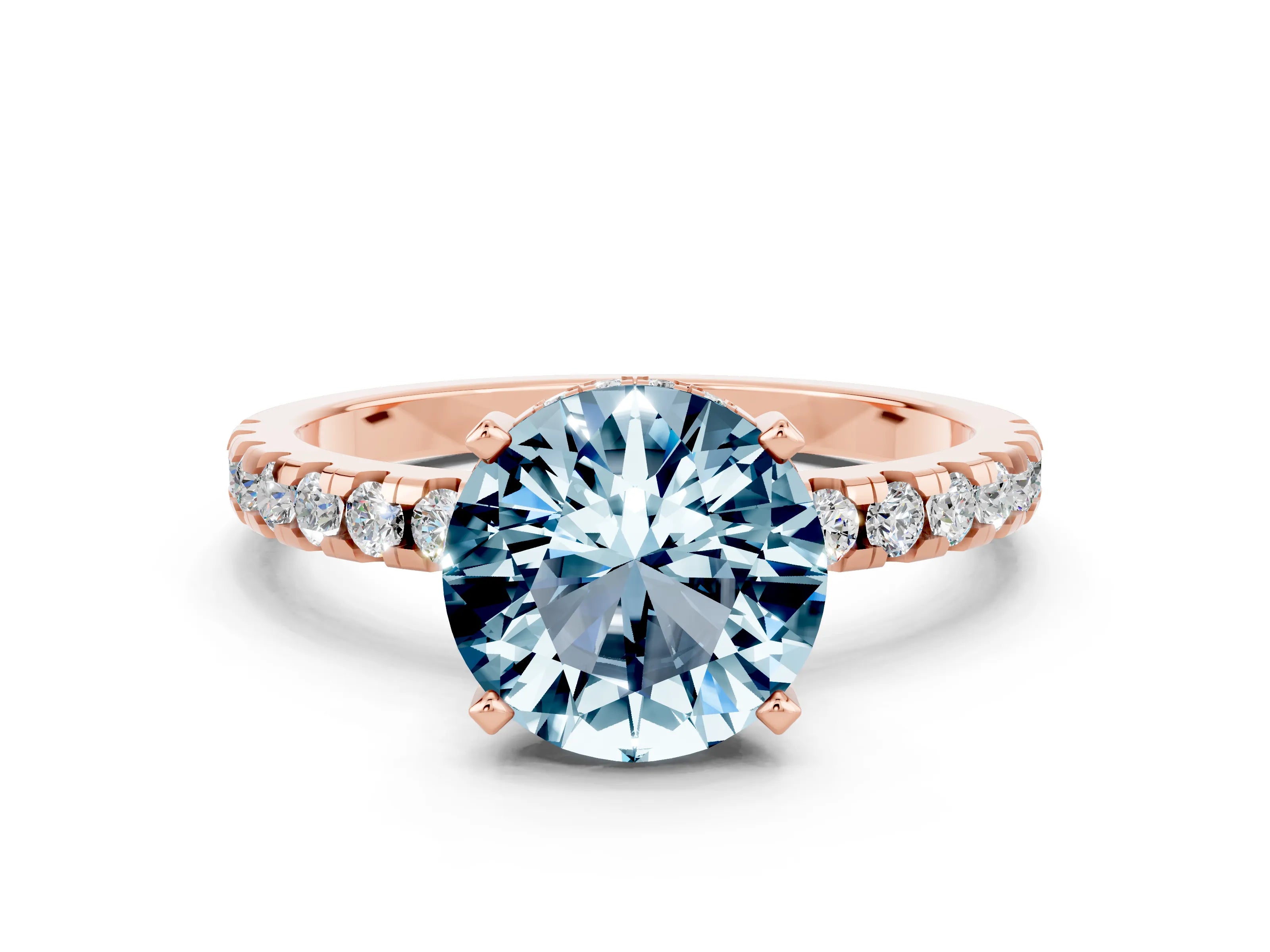 Rose gold Round Cut Aquamarine Solitaire Ring with Pavé Band and Four-Prong Setting_24