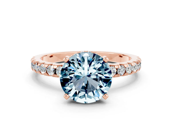 Rose gold Round Cut Aquamarine Solitaire Ring with Round  Pavé Band and Four-Prong Setting