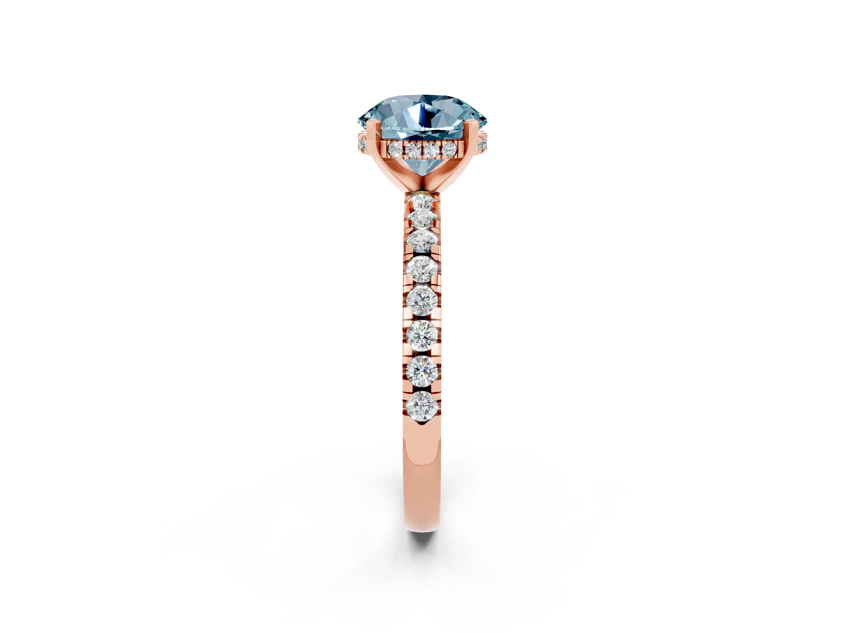 Rose gold Round Cut Aquamarine Solitaire Ring with Pavé Band and Four-Prong Setting_26