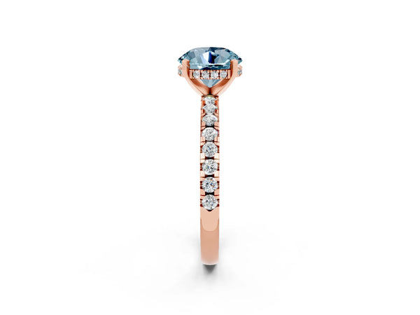 Rose gold Round Cut Aquamarine Solitaire Ring with Round  Pavé Band and Four-Prong Setting
