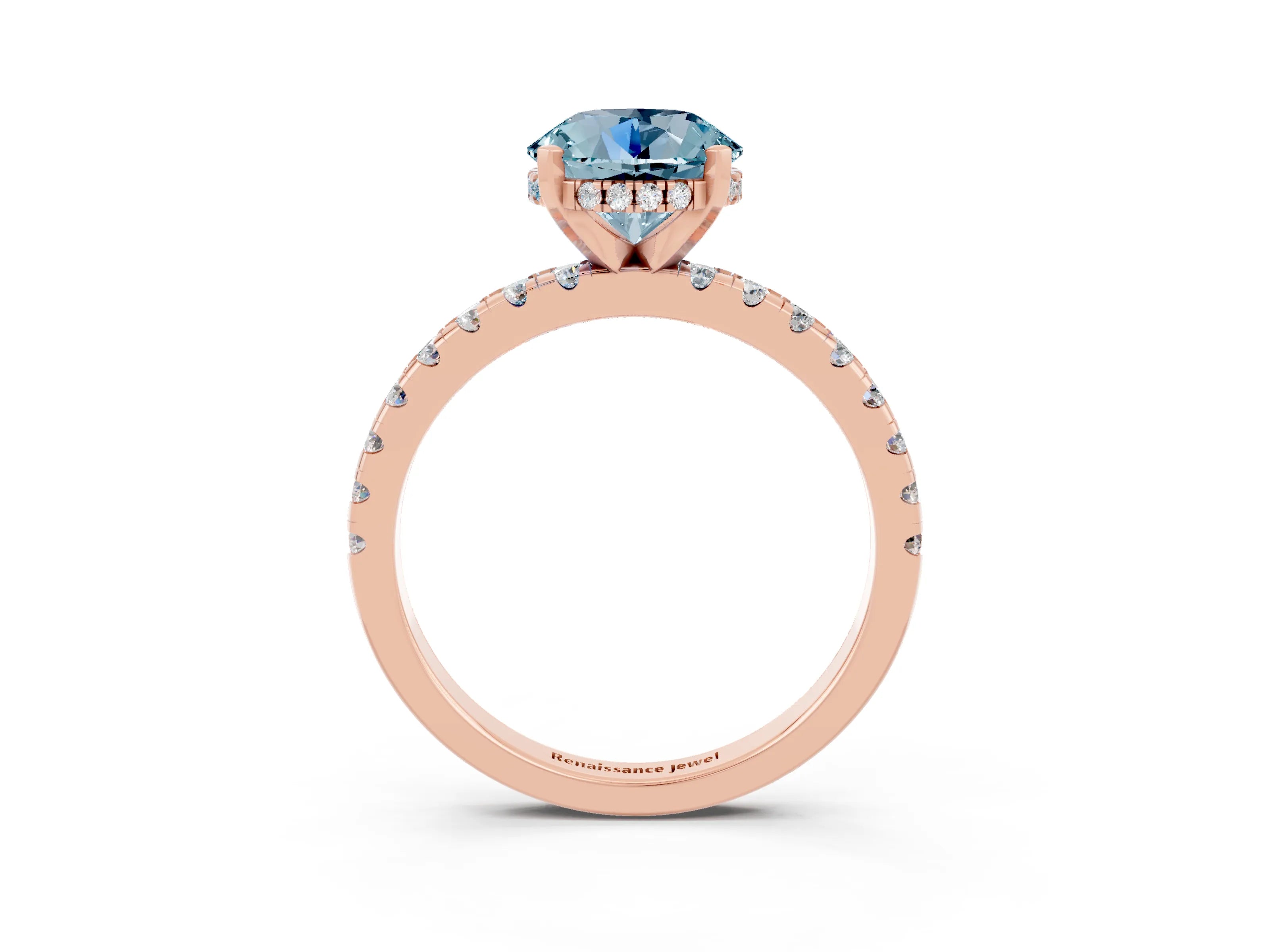 Rose gold Round Cut Aquamarine Solitaire Ring with Pavé Band and Four-Prong Setting_27