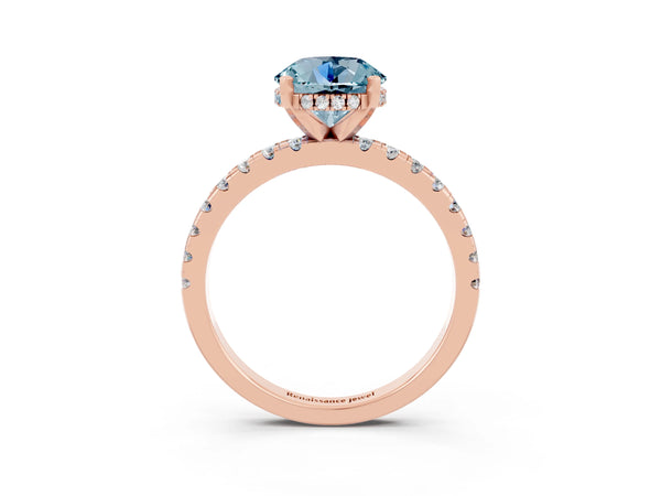 Rose gold Round Cut Aquamarine Solitaire Ring with Round  Pavé Band and Four-Prong Setting