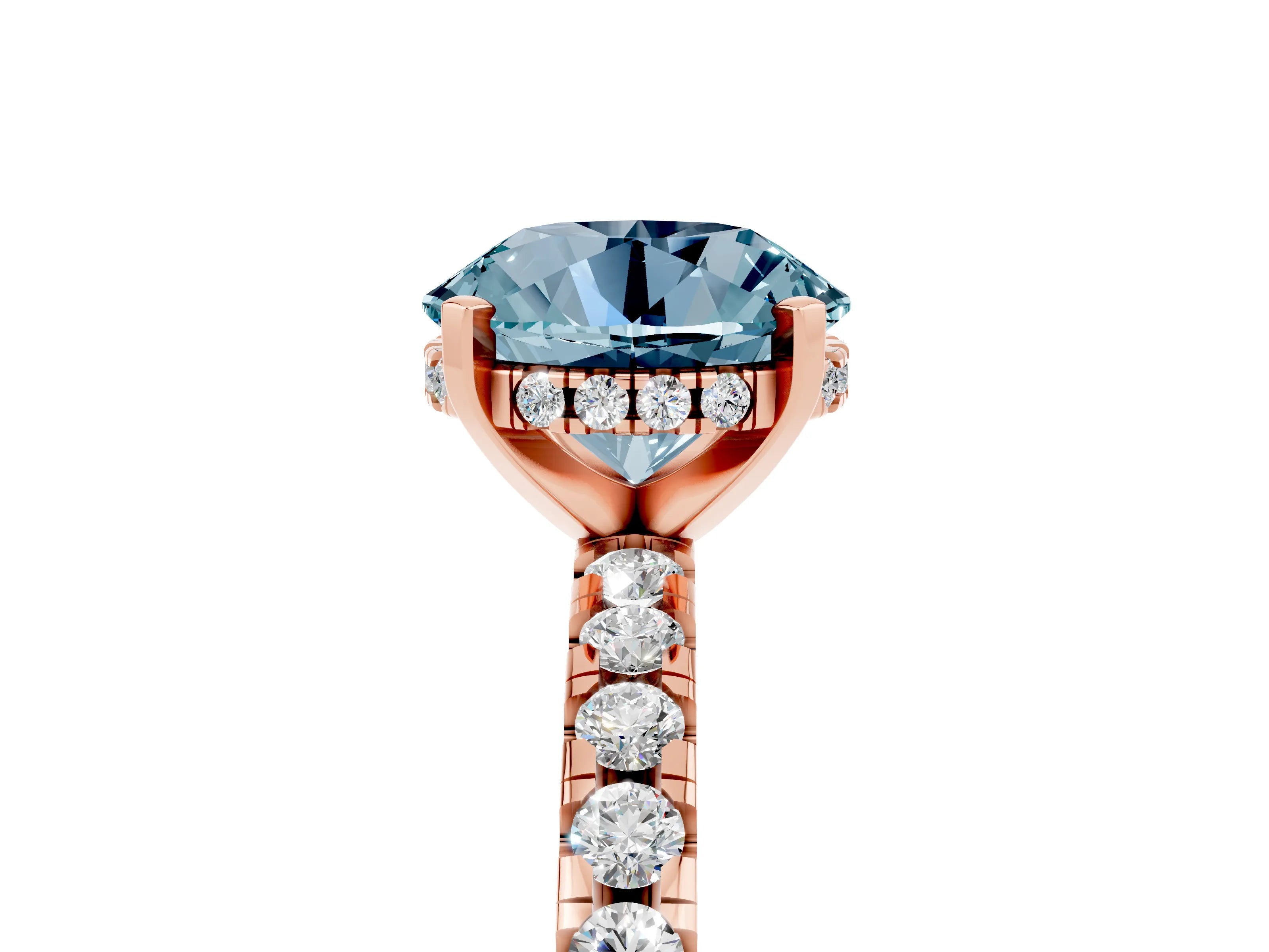 Rose gold Round Cut Aquamarine Solitaire Ring with Pavé Band and Four-Prong Setting_29