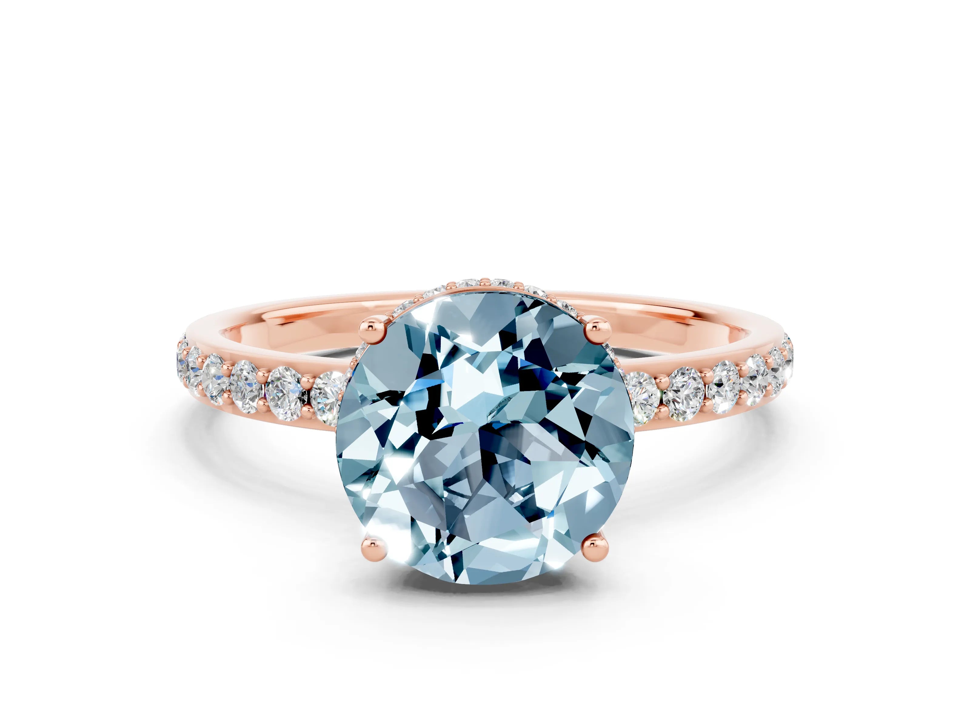 Rose gold Round Cut Aquamarine Solitaire Ring with Pavé Band and Hidden Halo_12