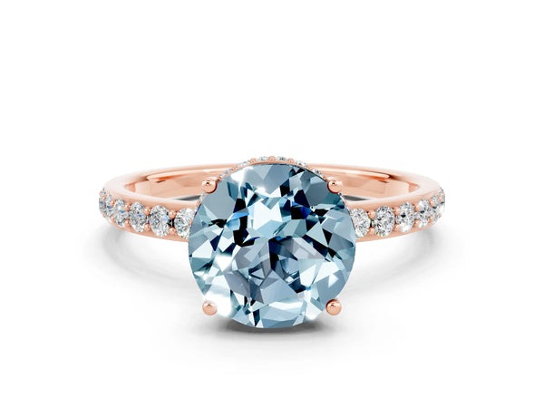 Rose gold Round Cut Aquamarine Solitaire Ring with Pavé Band and Hidden Halo