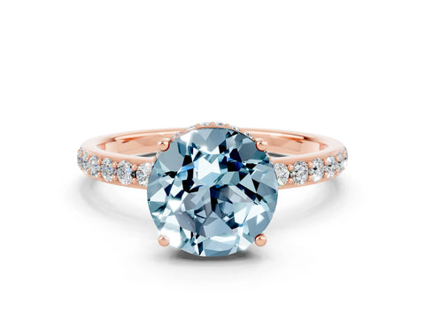 Rose gold Round Cut Aquamarine Solitaire Ring with Pavé Band and Hidden Halo_12