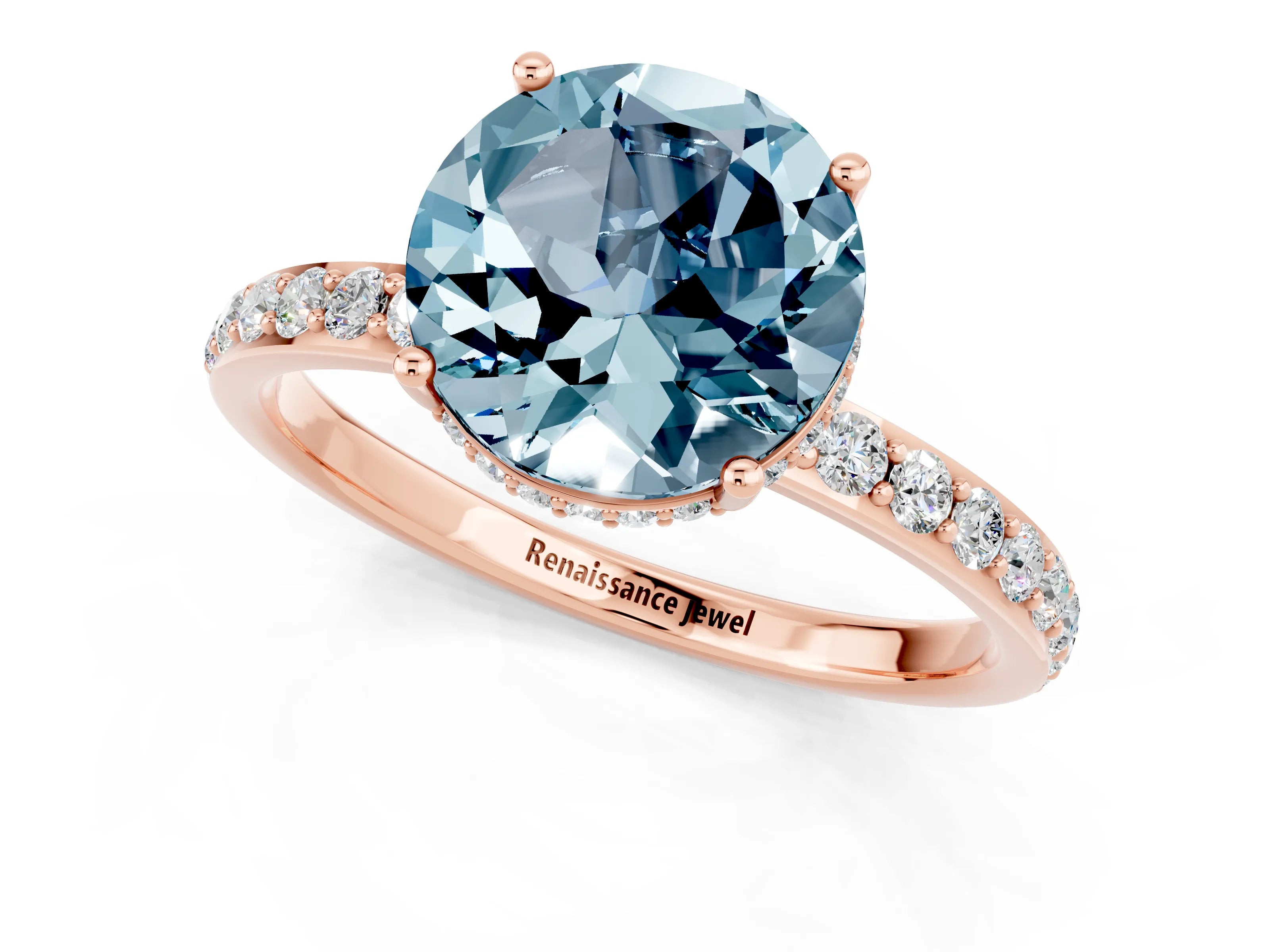 Rose gold Round Cut Aquamarine Solitaire Ring with Pavé Band and Hidden Halo_13