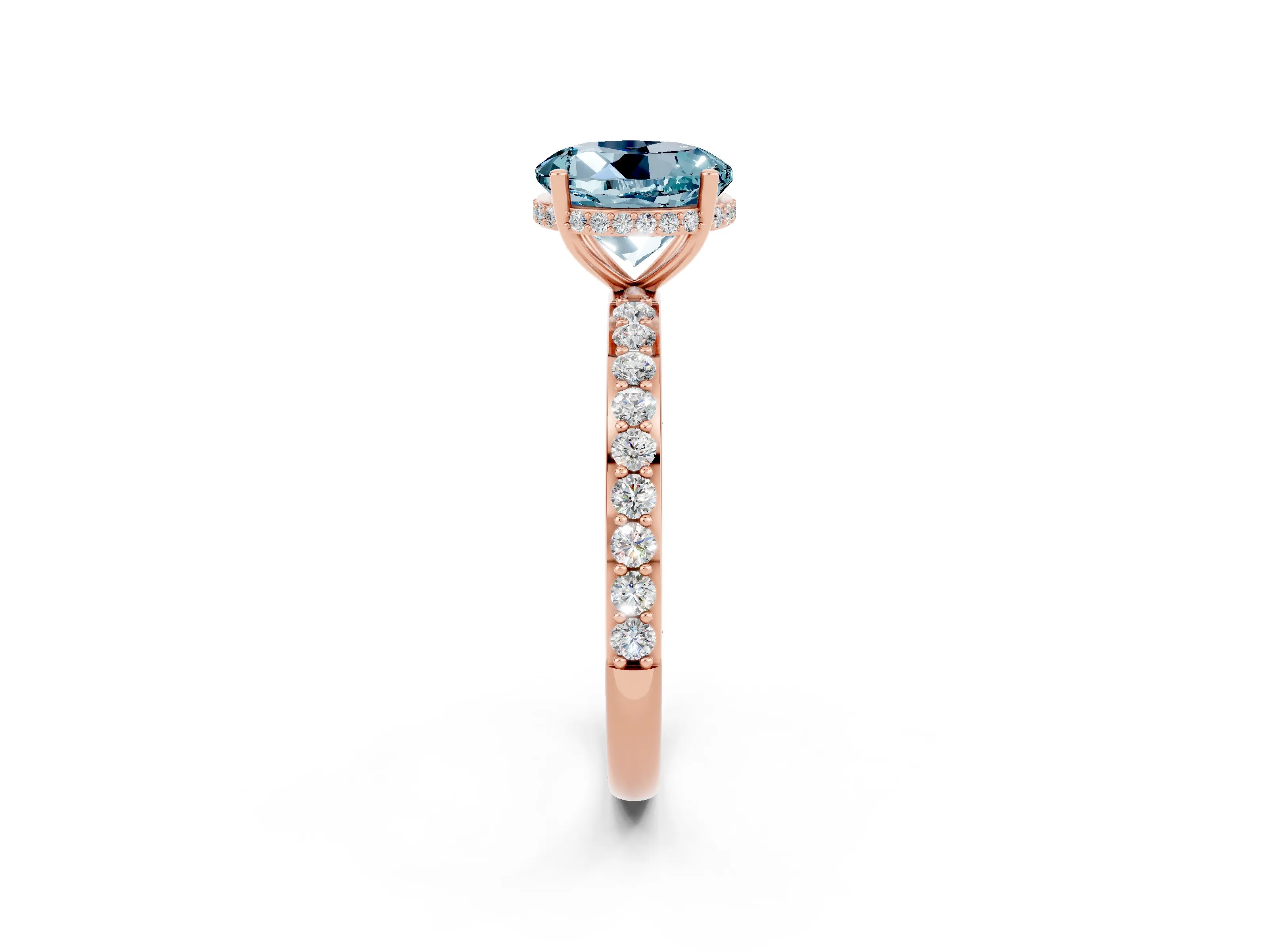 Rose gold Round Cut Aquamarine Solitaire Ring with Pavé Band and Hidden Halo_14