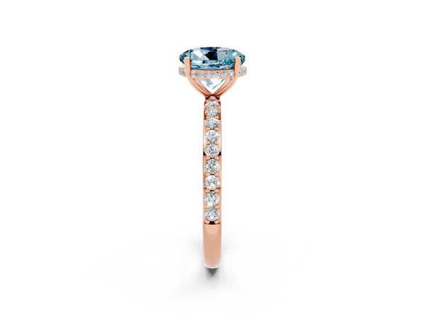 Rose gold Round Cut Aquamarine Solitaire Ring with Pavé Band and Hidden Halo