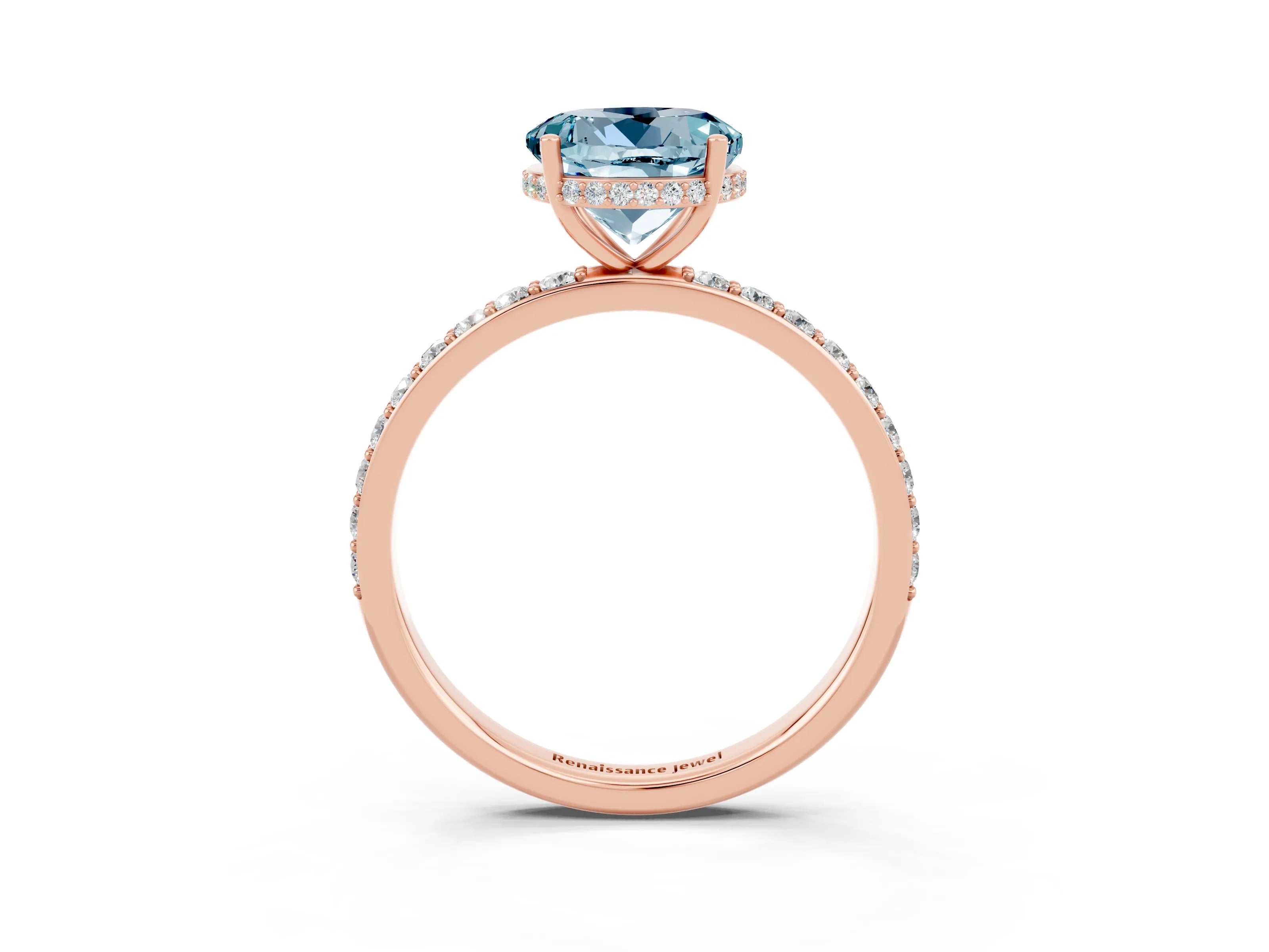 Rose gold Round Cut Aquamarine Solitaire Ring with Pavé Band and Hidden Halo_15