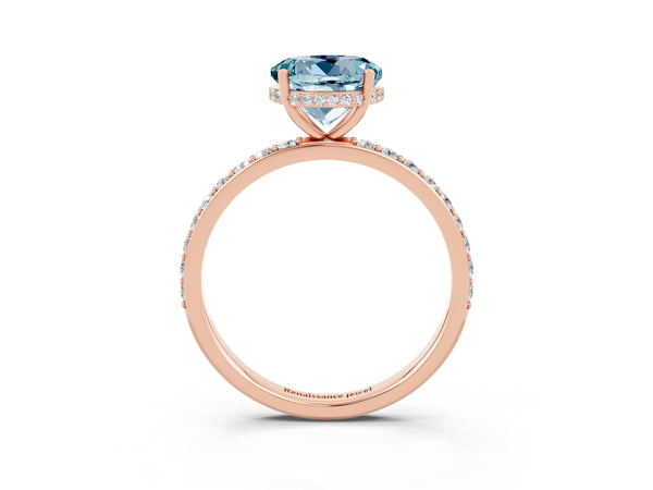 Rose gold Round Cut Aquamarine Solitaire Ring with Pavé Band and Hidden Halo