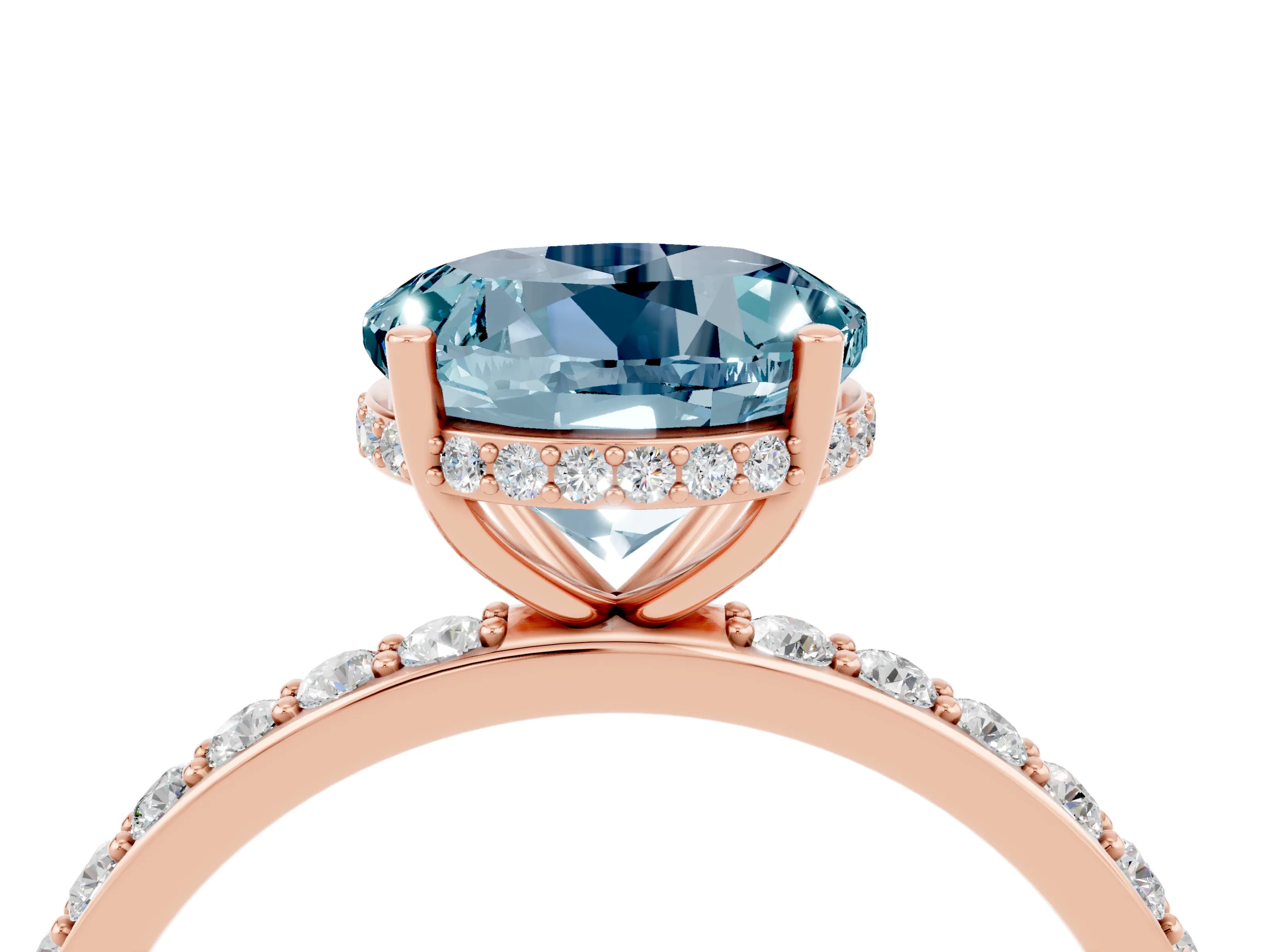 Rose gold Round Cut Aquamarine Solitaire Ring with Pavé Band and Hidden Halo_16