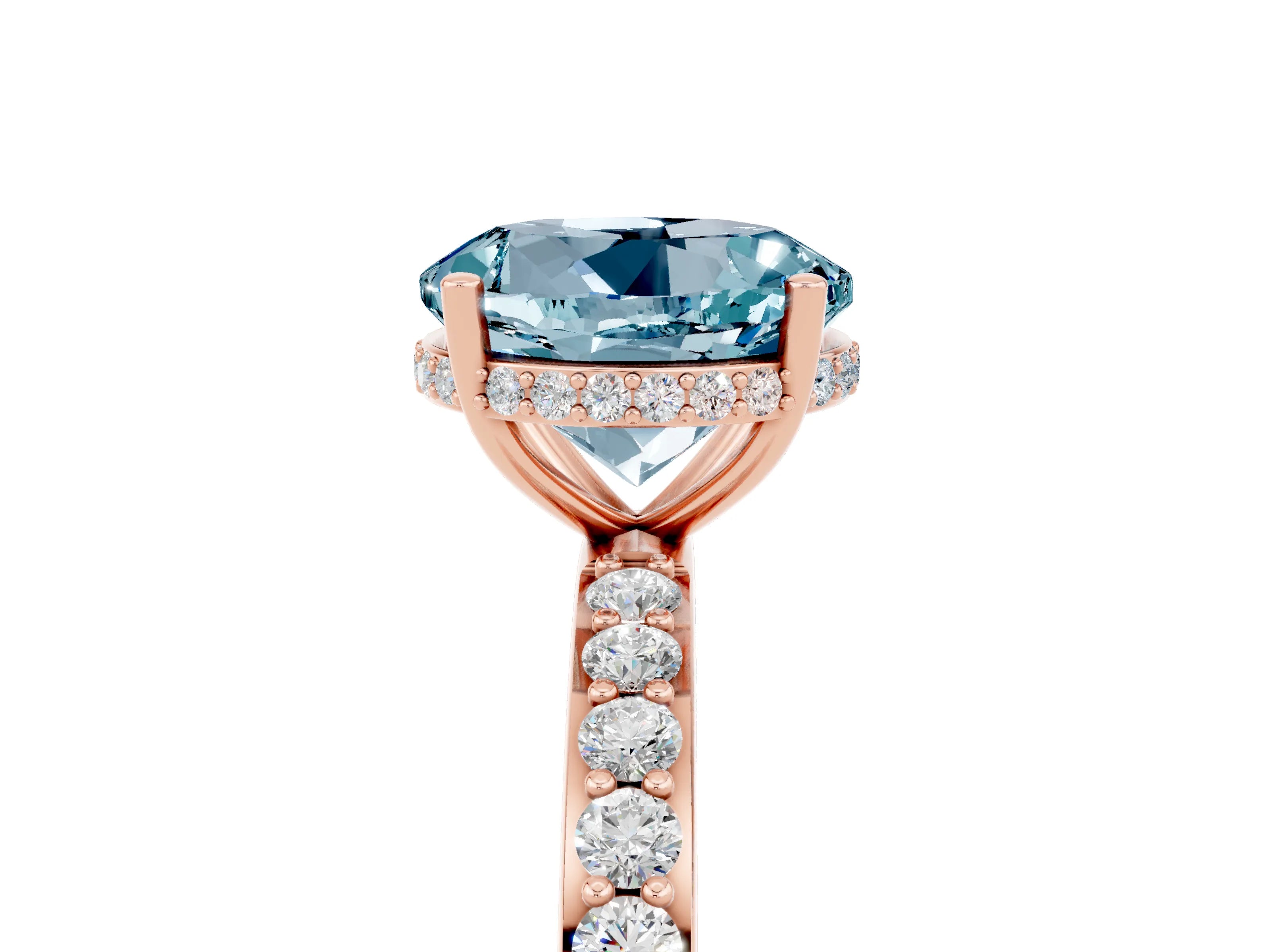 Rose gold Round Cut Aquamarine Solitaire Ring with Pavé Band and Hidden Halo_17