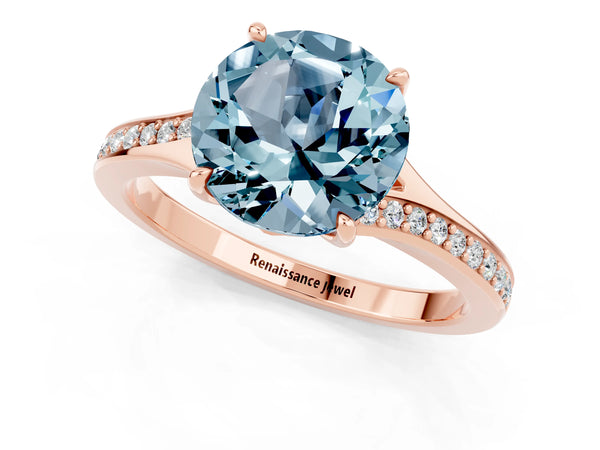 Rose gold Round Cut Aquamarine Solitaire Ring with Pavé Band and Prong Setting