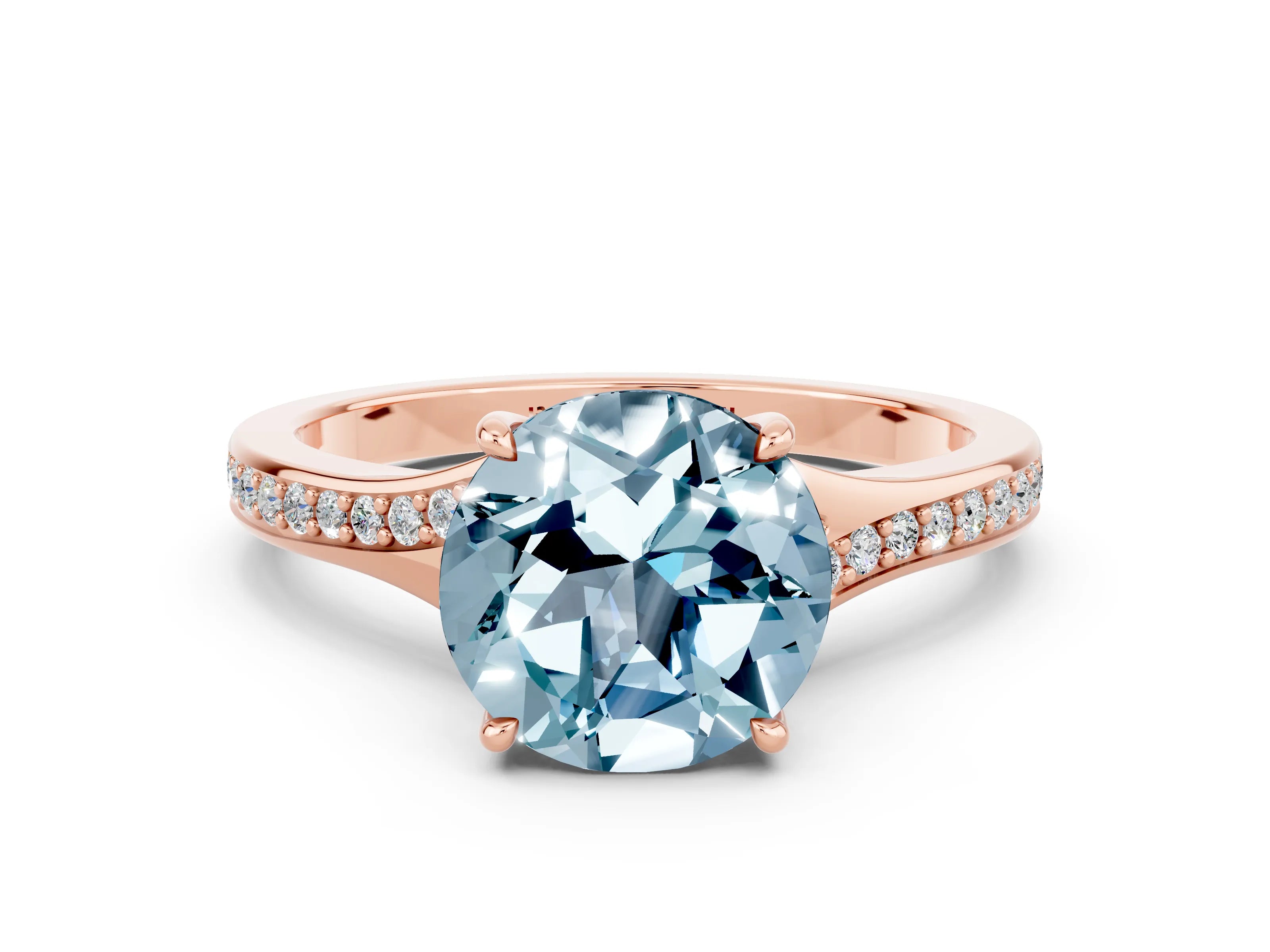 Rose gold Round Cut Aquamarine Solitaire Ring with Pavé Band and Prong Setting_12
