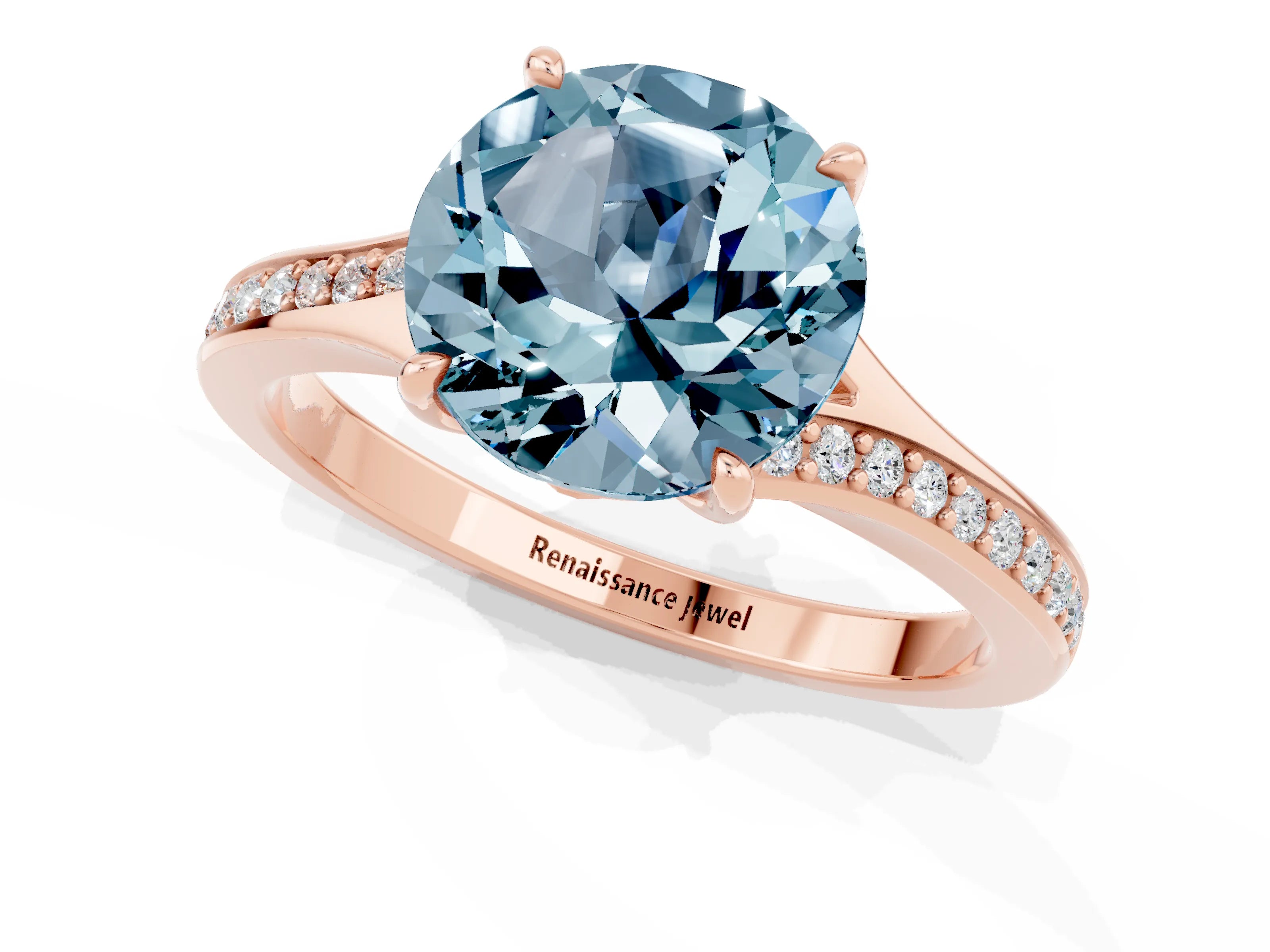 Rose gold Round Cut Aquamarine Solitaire Ring with Pavé Band and Prong Setting_13