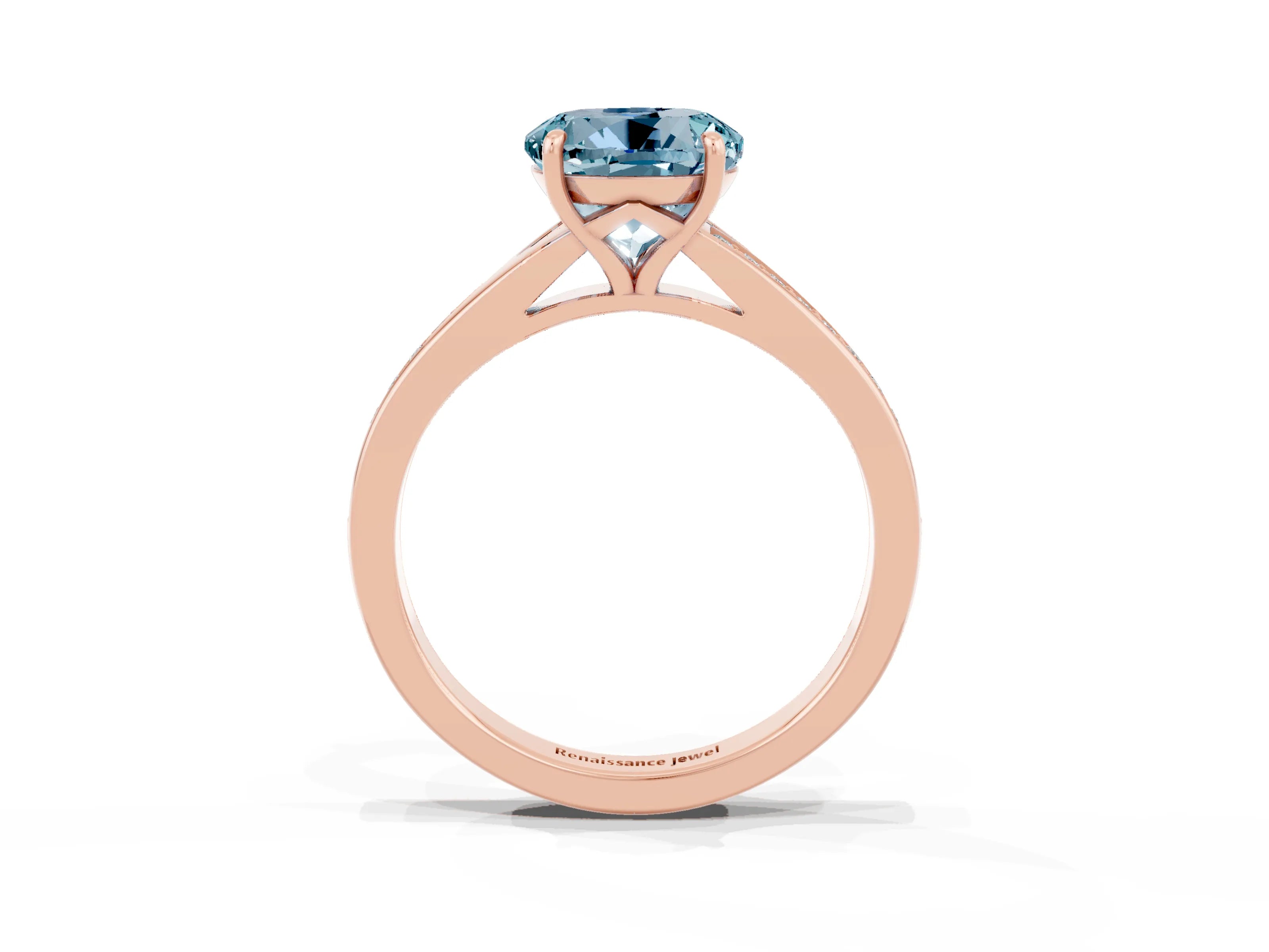 Rose gold Round Cut Aquamarine Solitaire Ring with Pavé Band and Prong Setting_15