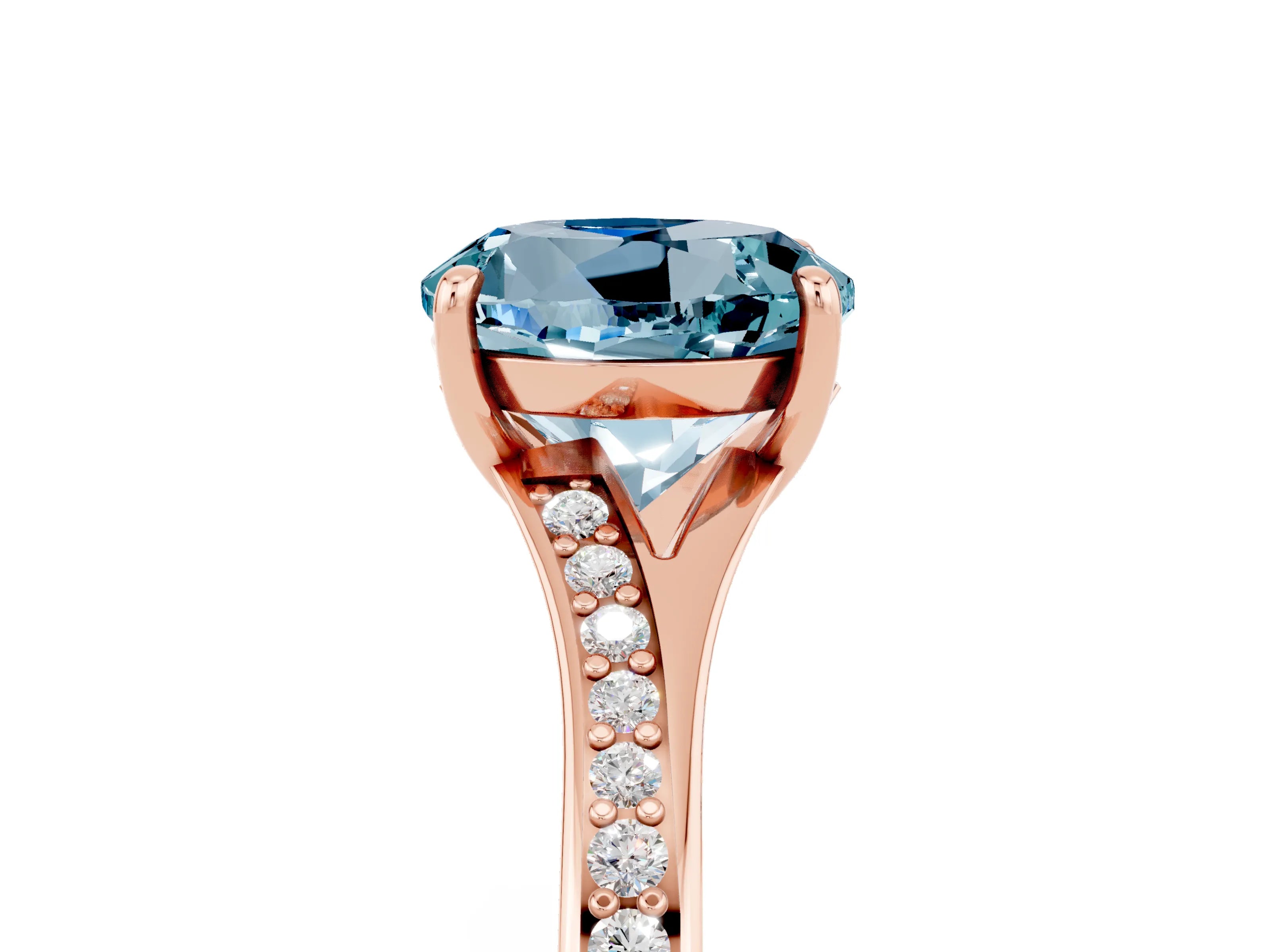 Rose gold Round Cut Aquamarine Solitaire Ring with Pavé Band and Prong Setting_17