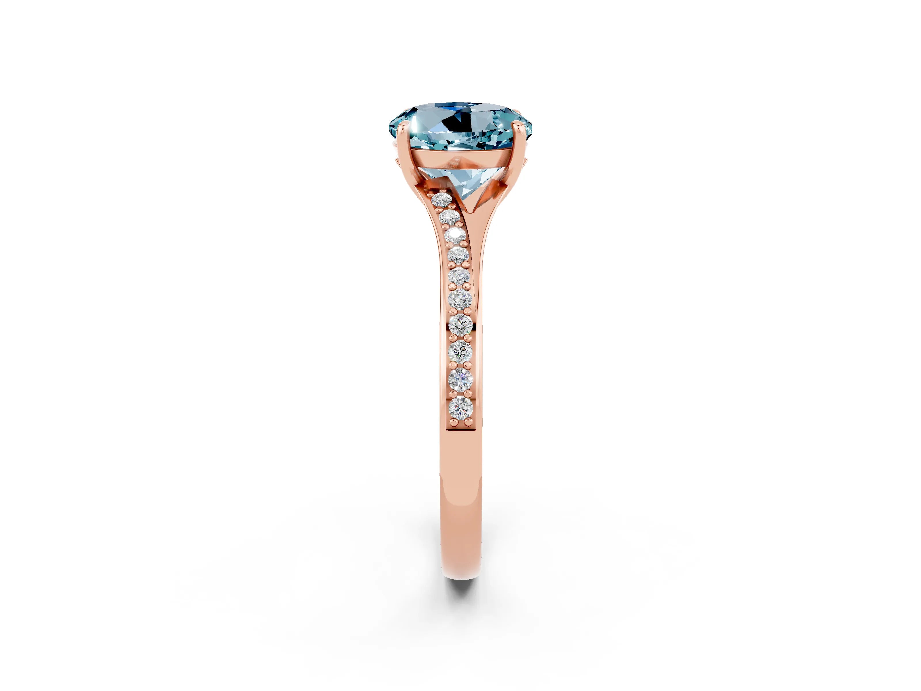 Rose gold Round Cut Aquamarine Solitaire Ring with Pavé Band and Prong Setting_2