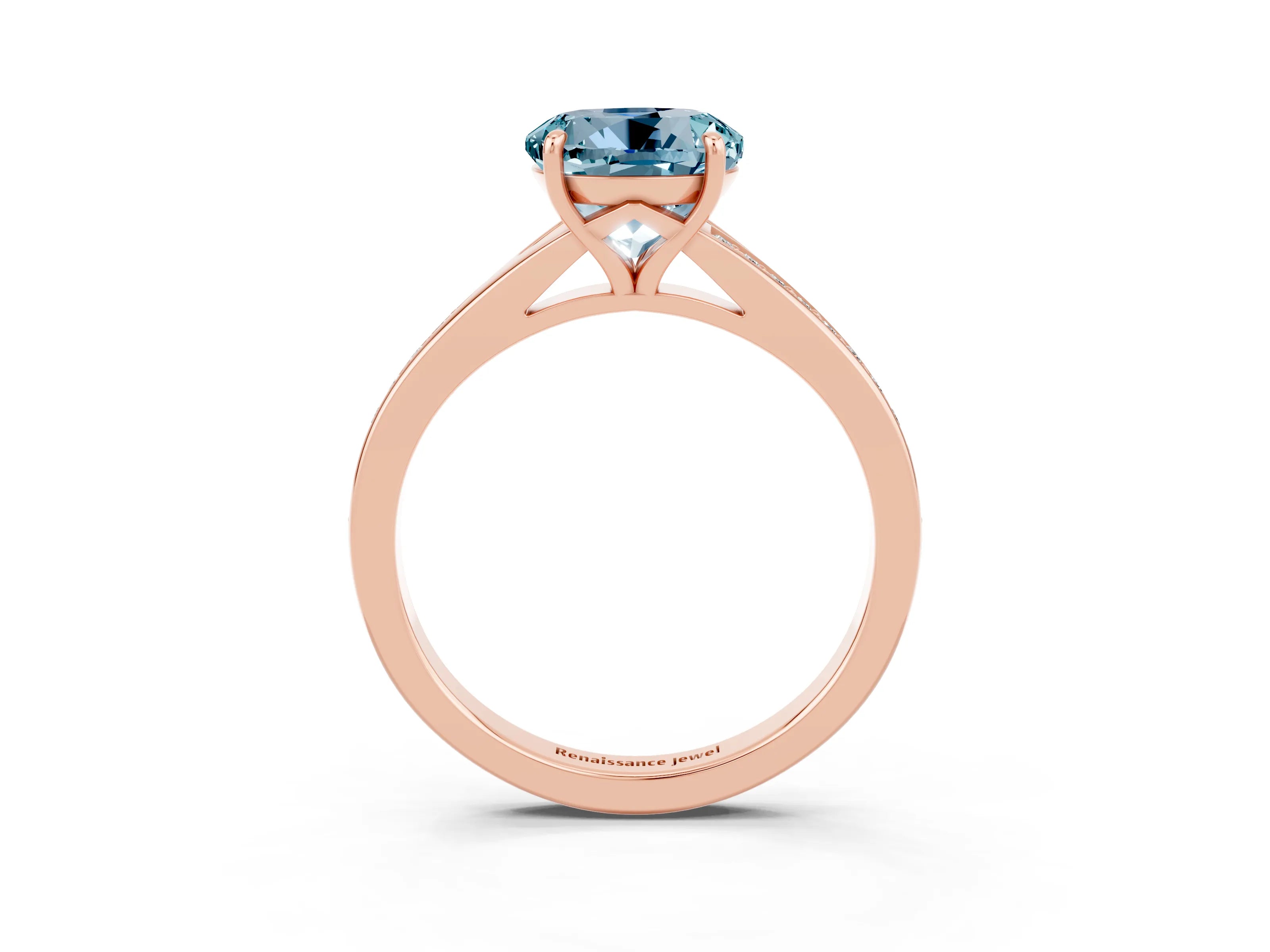 Rose gold Round Cut Aquamarine Solitaire Ring with Pavé Band and Prong Setting_3