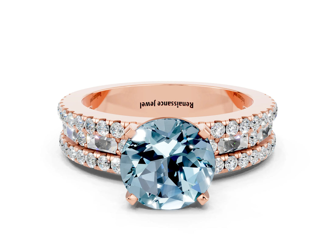 Rose gold Round Cut Aquamarine Solitaire Ring with Pavé and Channel Set Band
