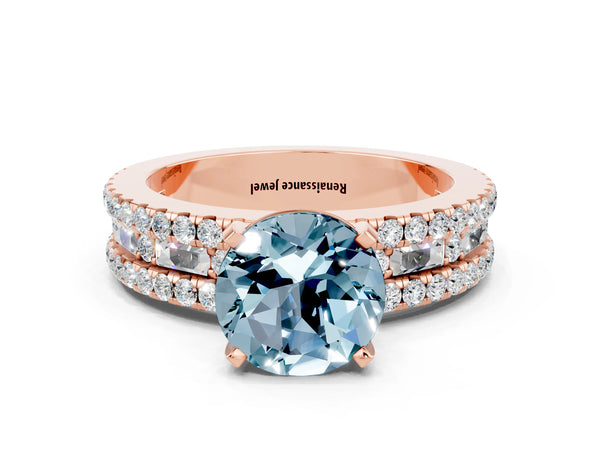 Rose gold Round Cut Aquamarine Solitaire Ring with Pavé and Channel Set Band