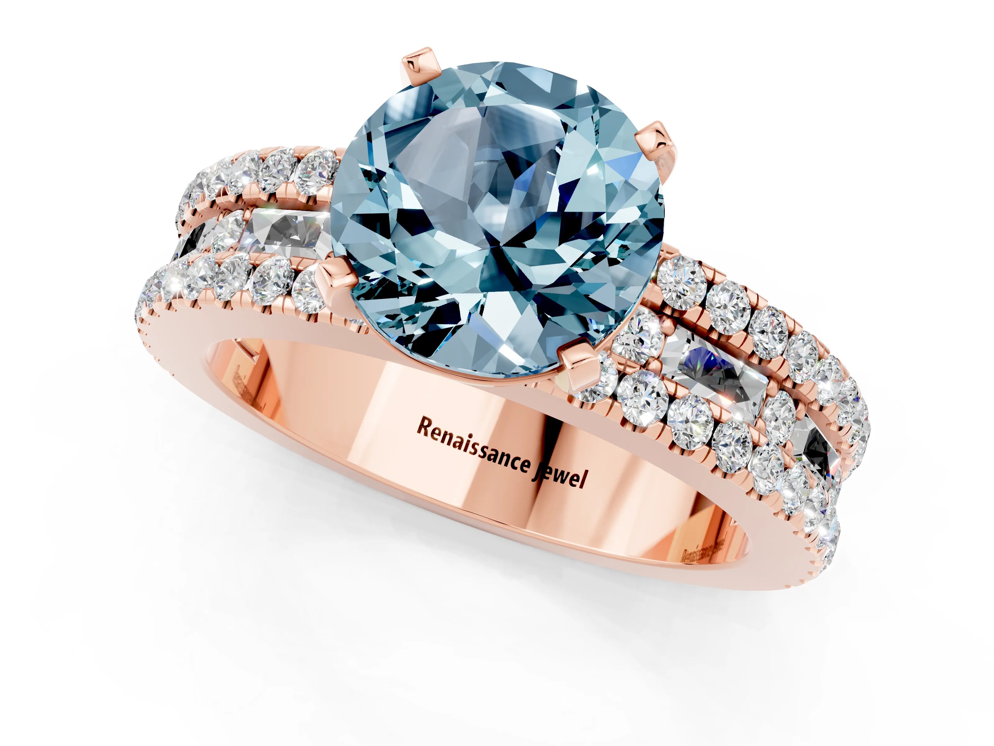 Rose gold Round Cut Aquamarine Solitaire Ring with Pavé and Channel Set Band_1