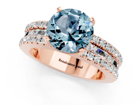 Rose gold Round Cut Aquamarine Solitaire Ring with Pavé and Channel Set Band_1