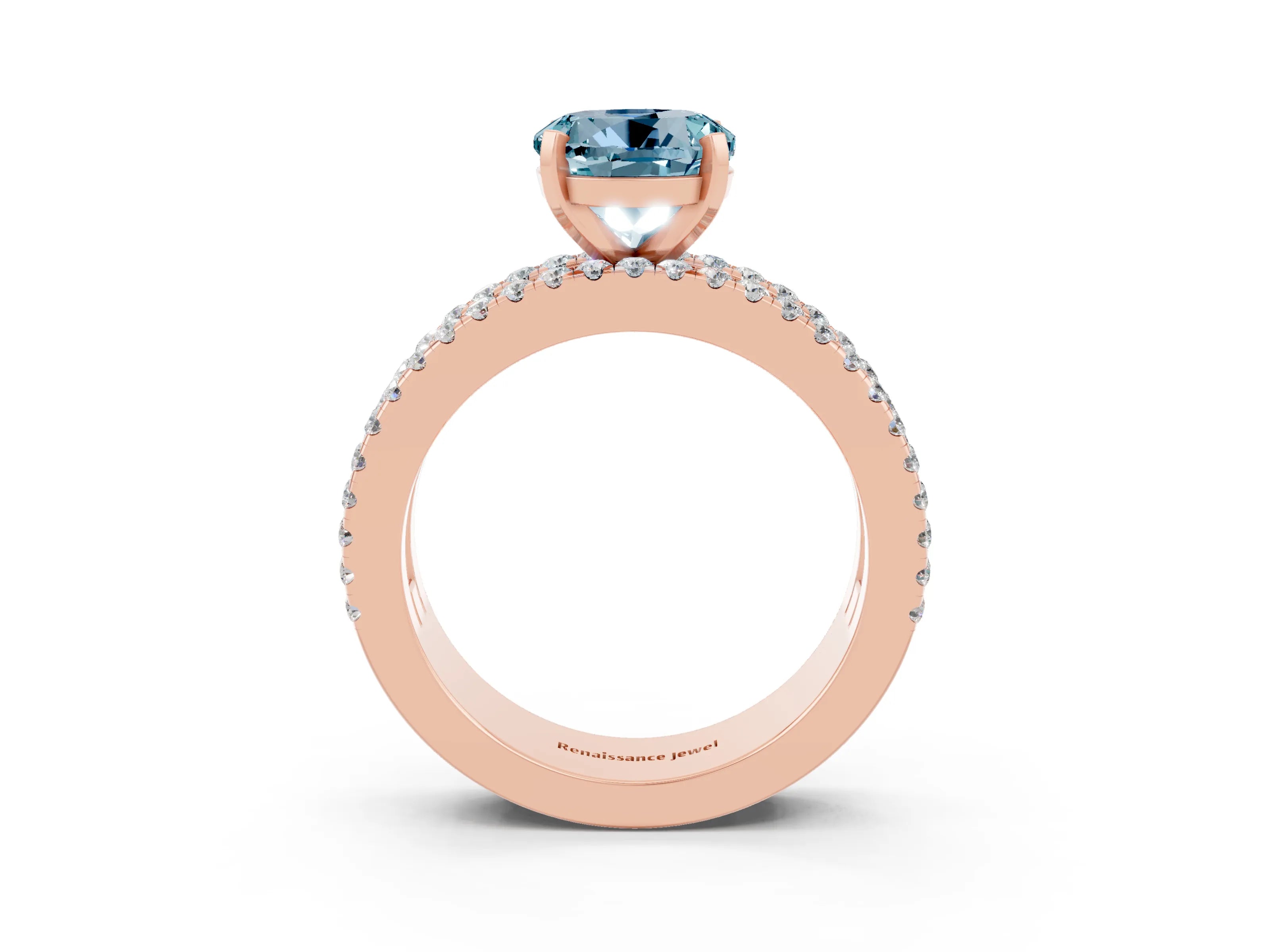Rose gold Round Cut Aquamarine Solitaire Ring with Pavé and Channel Set Band_3