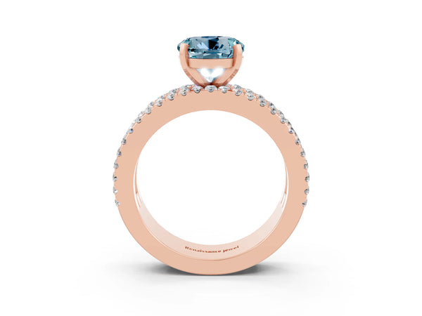 Rose gold Round Cut Aquamarine Solitaire Ring with Pavé and Channel Set Band