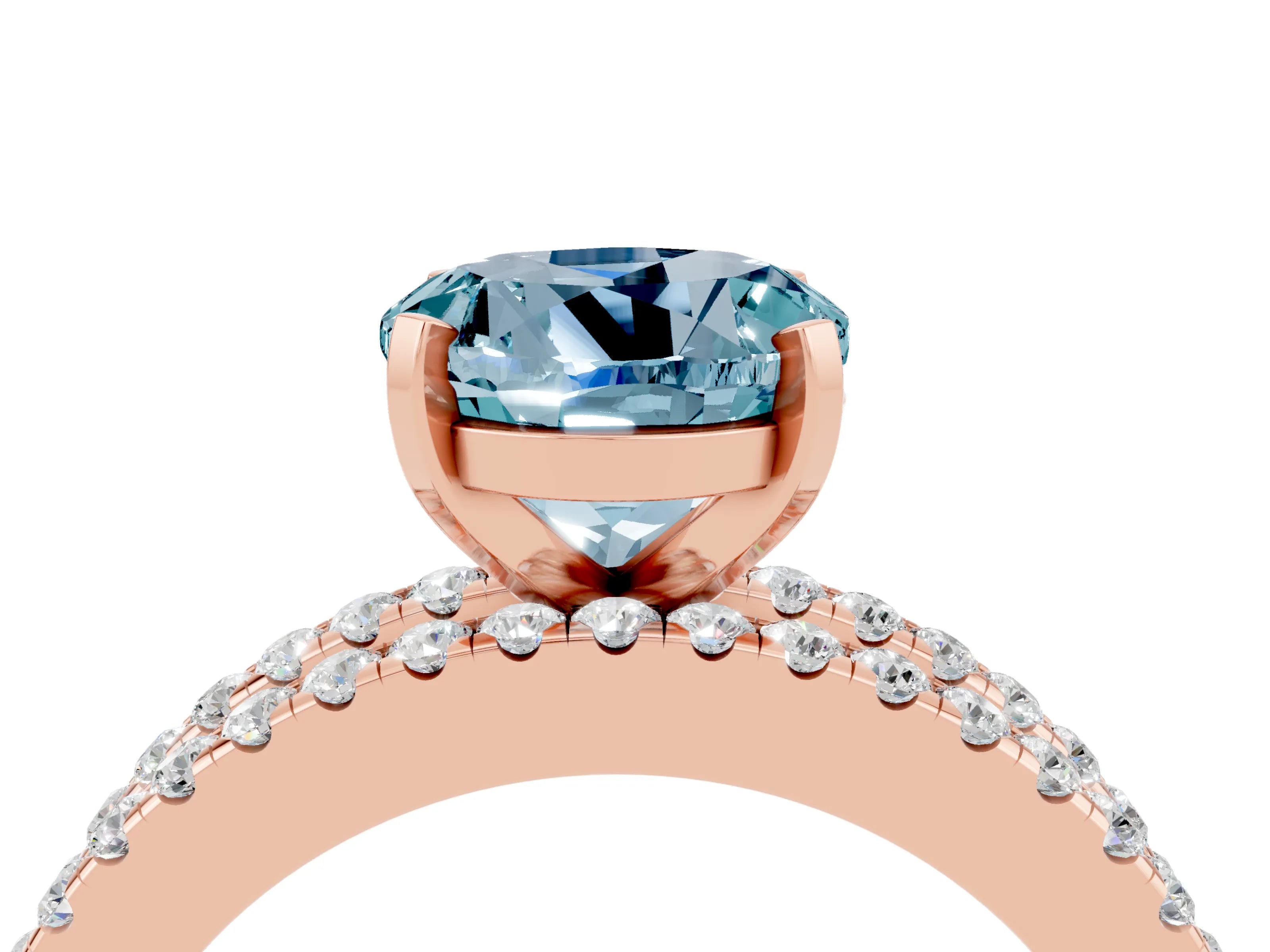 Rose gold Round Cut Aquamarine Solitaire Ring with Pavé and Channel Set Band_4