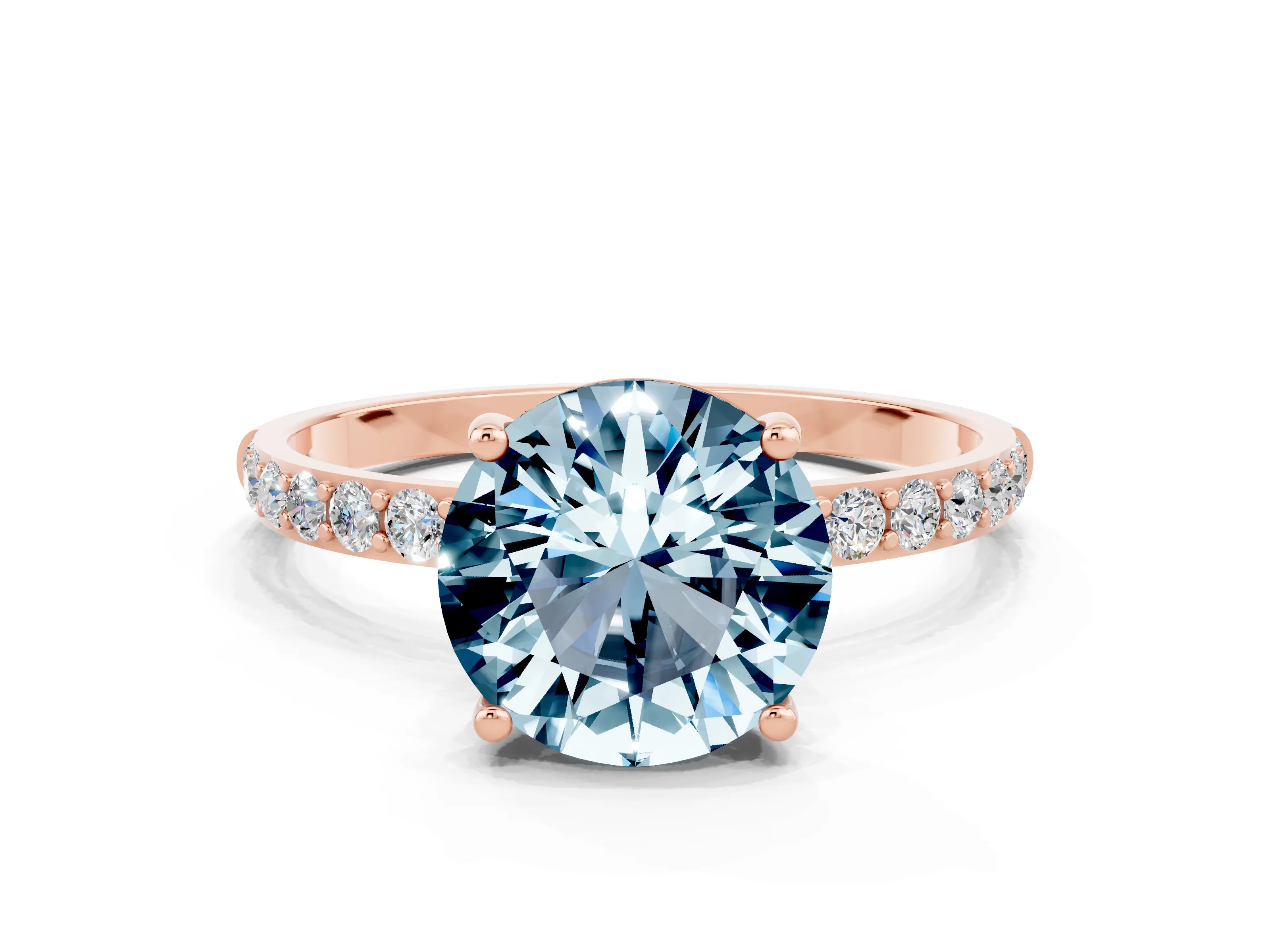 Rose gold Round Cut Aquamarine Solitaire Ring with Pave Band and Four Prong Setting_24