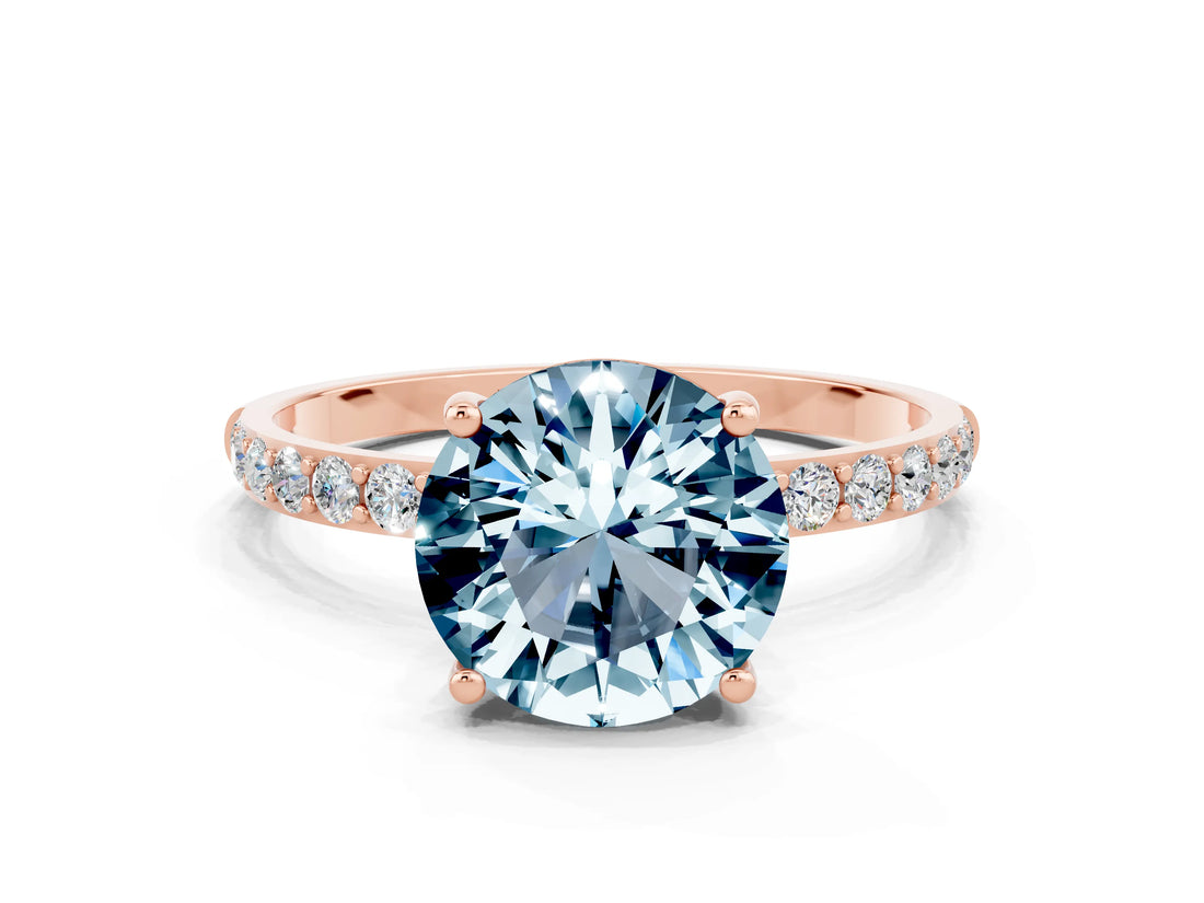 Rose gold Round Cut Aquamarine Solitaire Ring with Pave Band and Four Prong Setting_24
