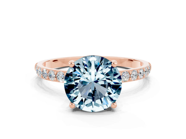 Rose gold Round Cut Aquamarine Solitaire Ring with Round  Pavé Band and Prong Setting