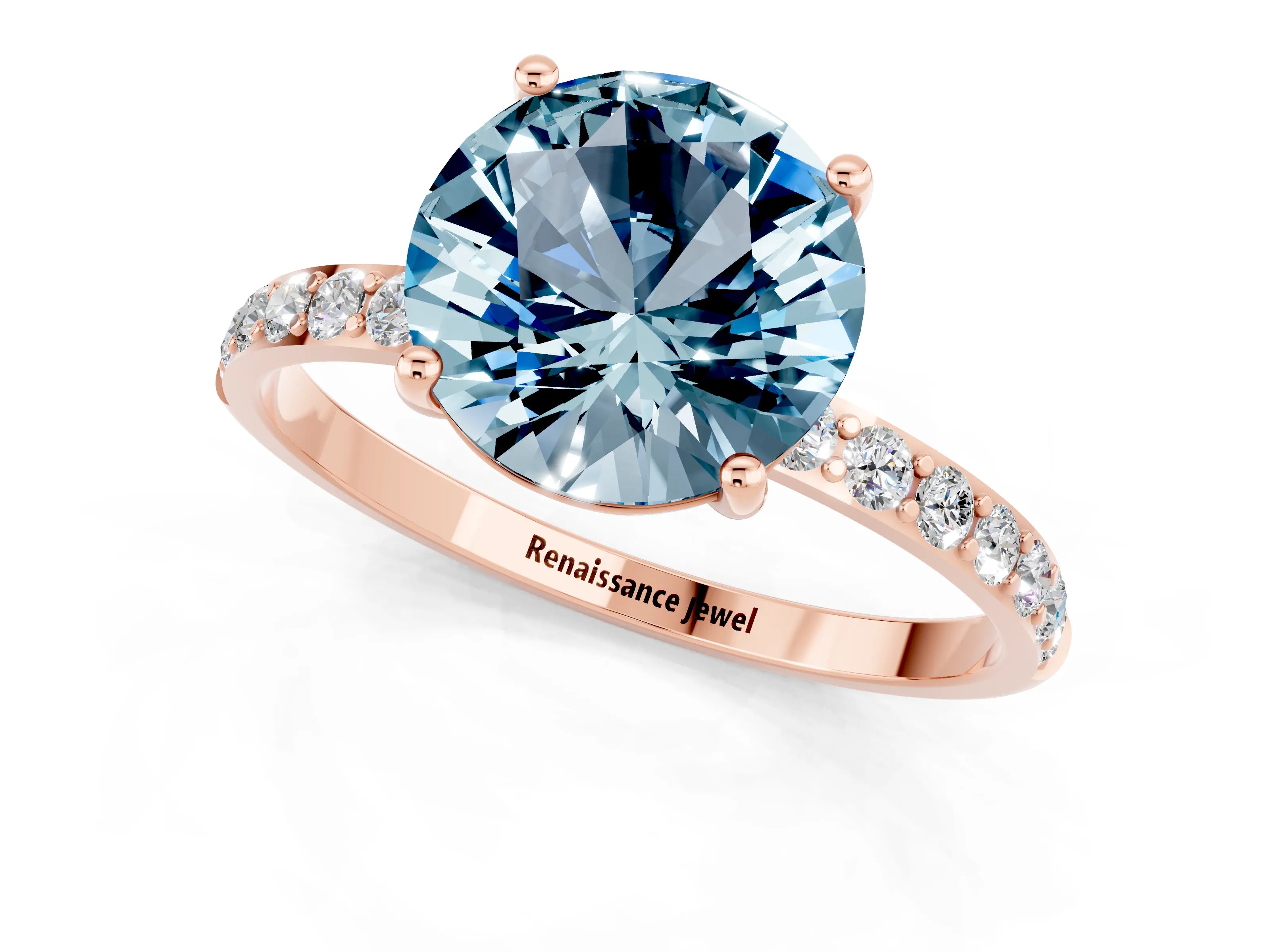 Rose gold Round Cut Aquamarine Solitaire Ring with Pave Band and Four Prong Setting_25