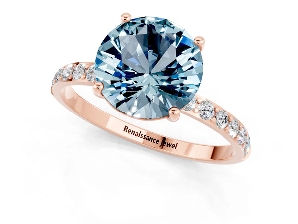 Rose gold Round Cut Aquamarine Solitaire Ring with Round  Pavé Band and Prong Setting