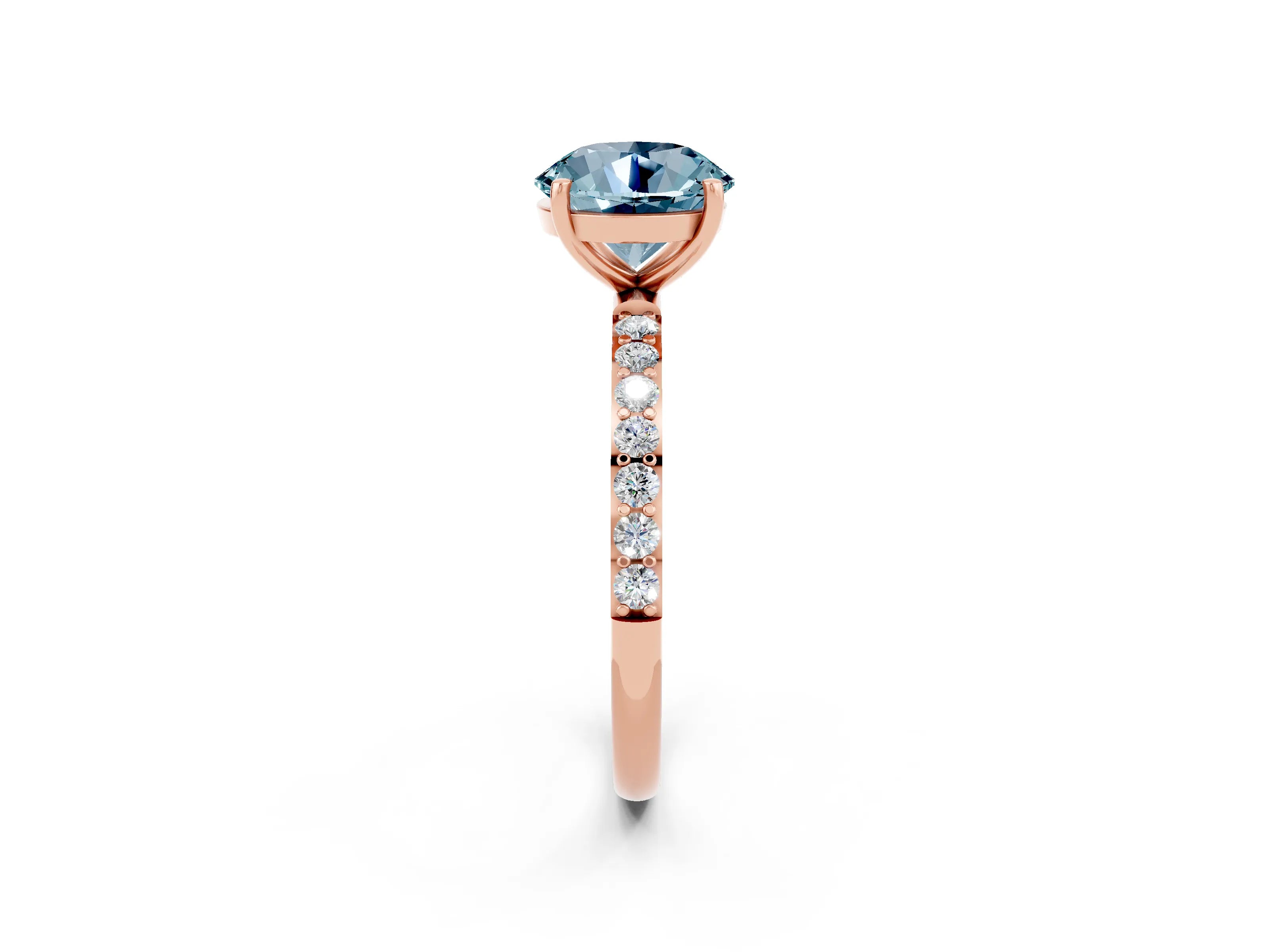 Rose gold Round Cut Aquamarine Solitaire Ring with Pave Band and Four Prong Setting_26
