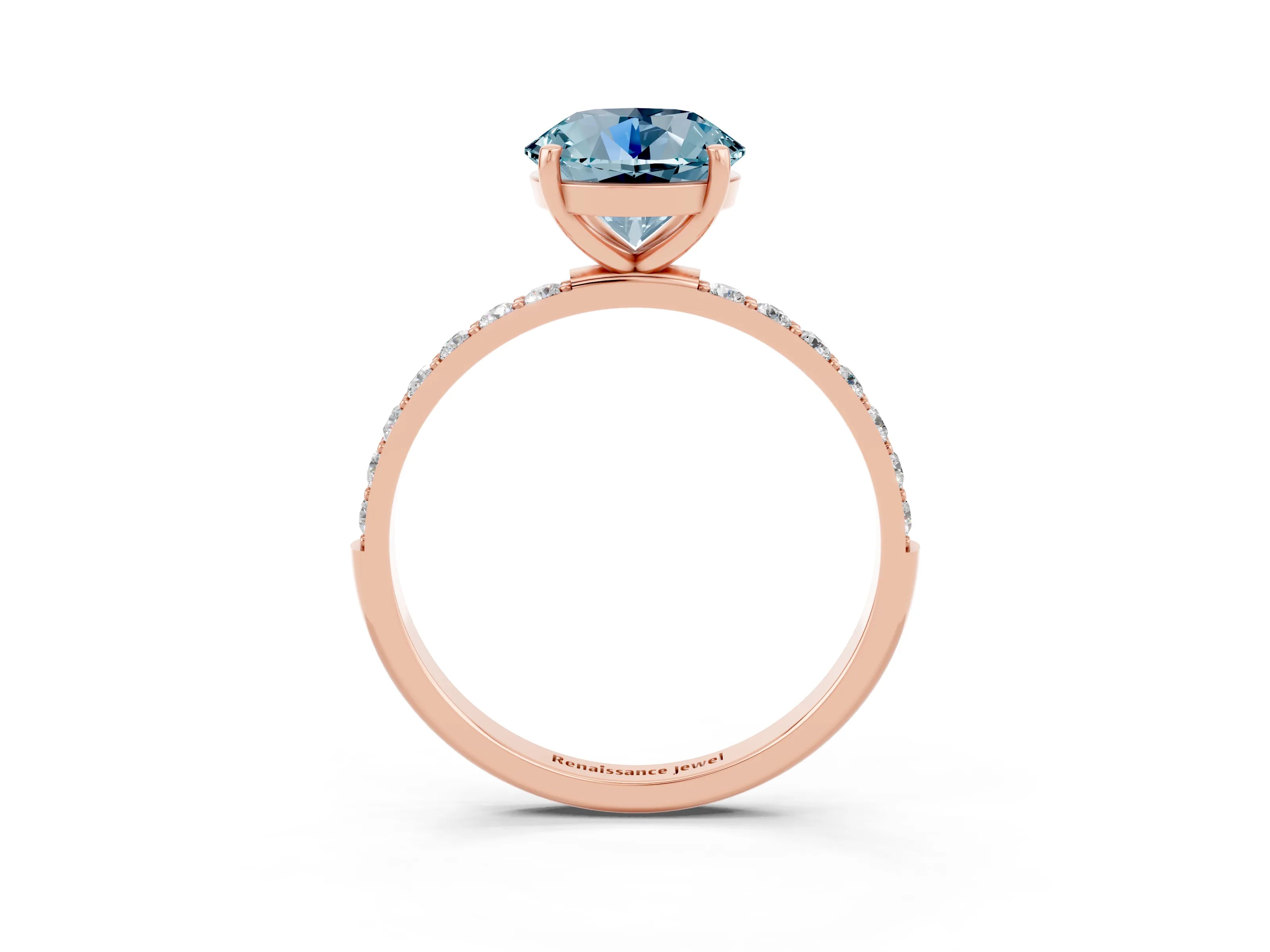 Rose gold Round Cut Aquamarine Solitaire Ring with Pave Band and Four Prong Setting_27