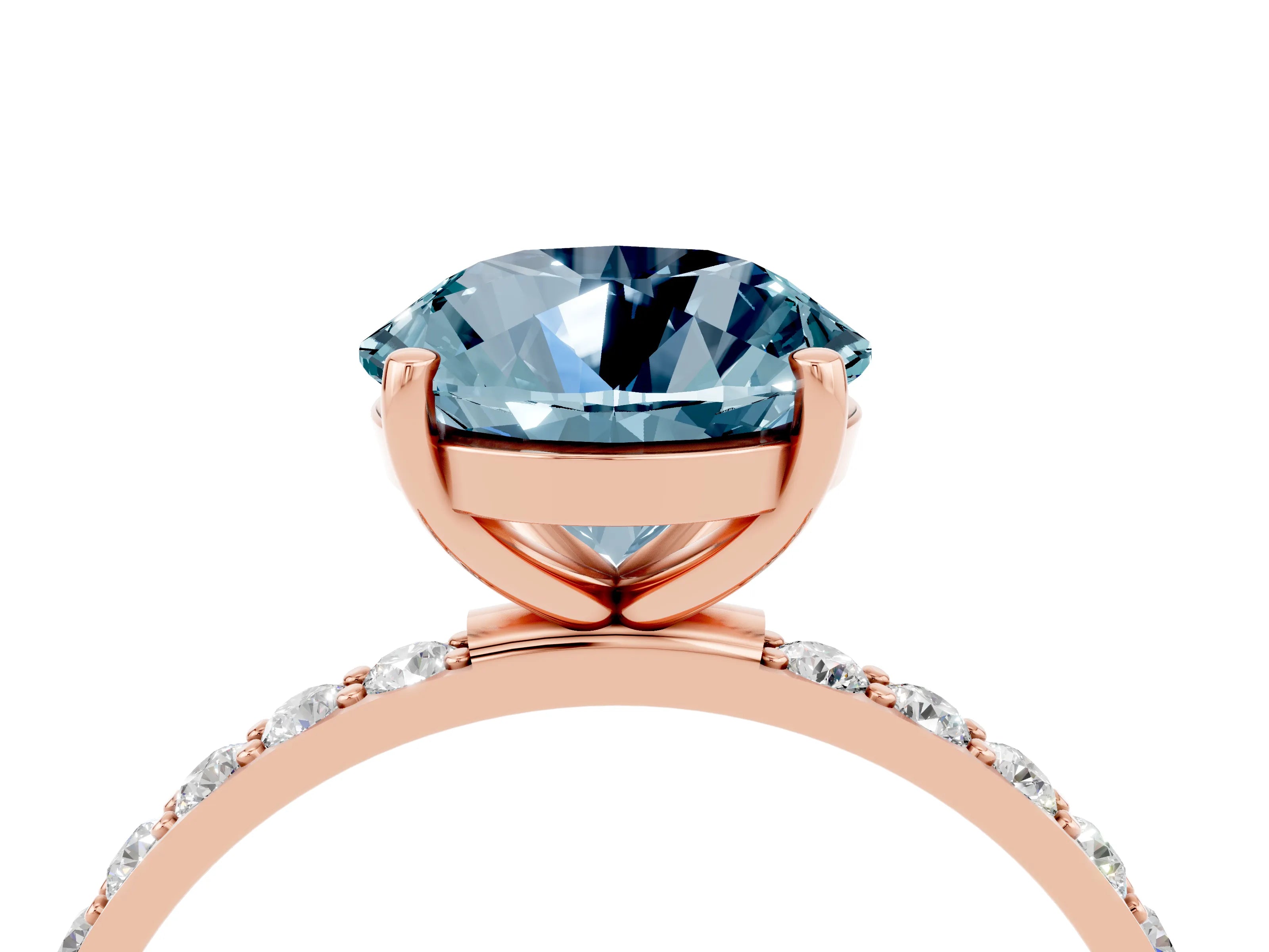 Rose gold Round Cut Aquamarine Solitaire Ring with Pave Band and Four Prong Setting_28